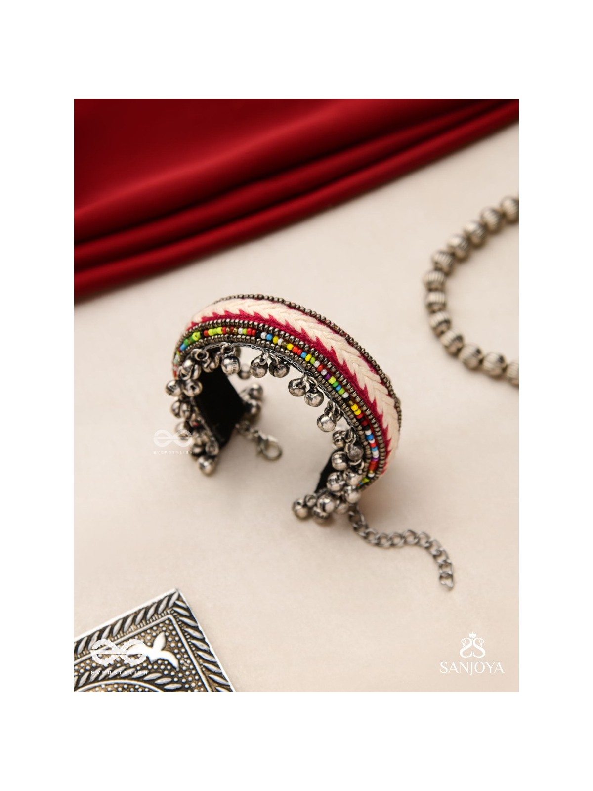 SHAKHAABANDHA- BRANCH BIND- OXIDIZED HAND EMBROIDERED BRACELET, THREAD WORK ACCENTED WITH GHUNGROO AND BEADS