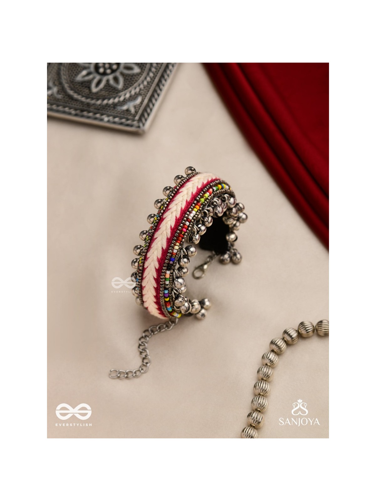 SHAKHAABANDHA- BRANCH BIND- OXIDIZED HAND EMBROIDERED BRACELET, THREAD WORK ACCENTED WITH GHUNGROO AND BEADS