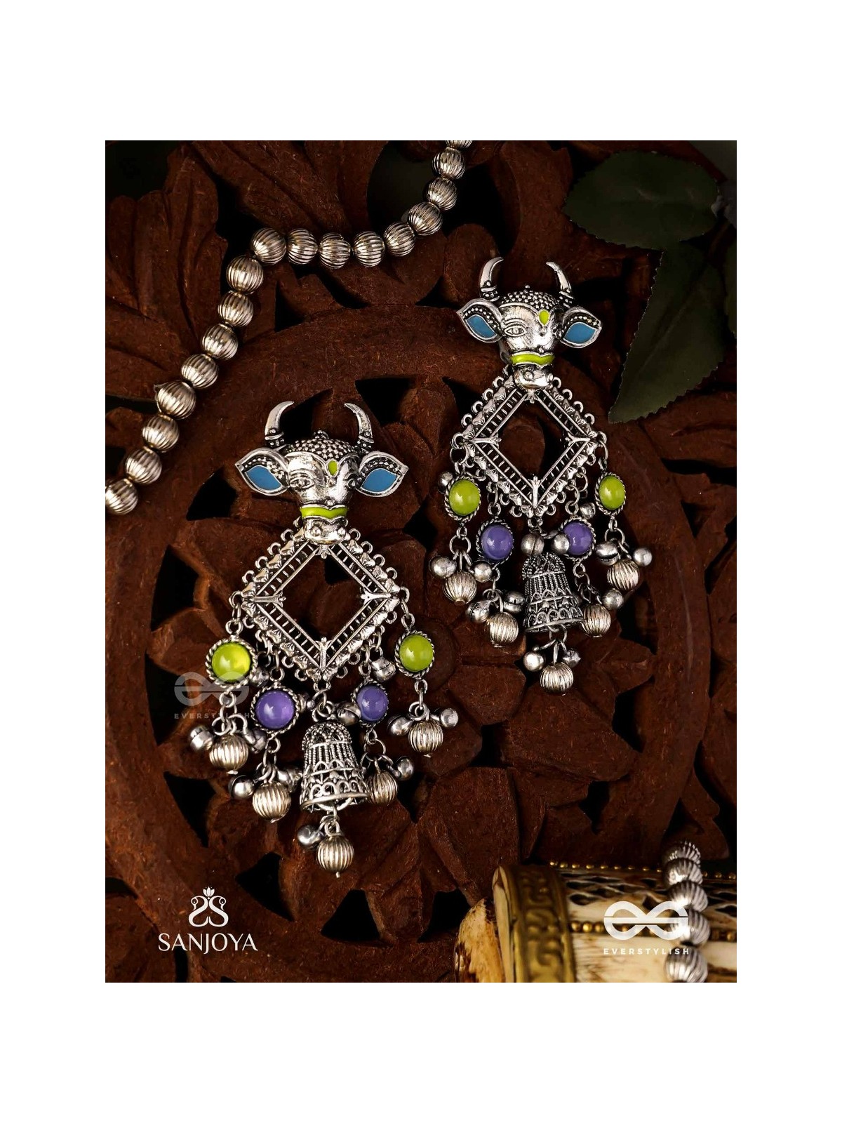 NANDI MANIKARNA- NANDI STONE EARRINGS-OXIDIZED EARRINGS FEATURING A BULL FACE, ADORNED WITH STONES AND GHUNGHROOS