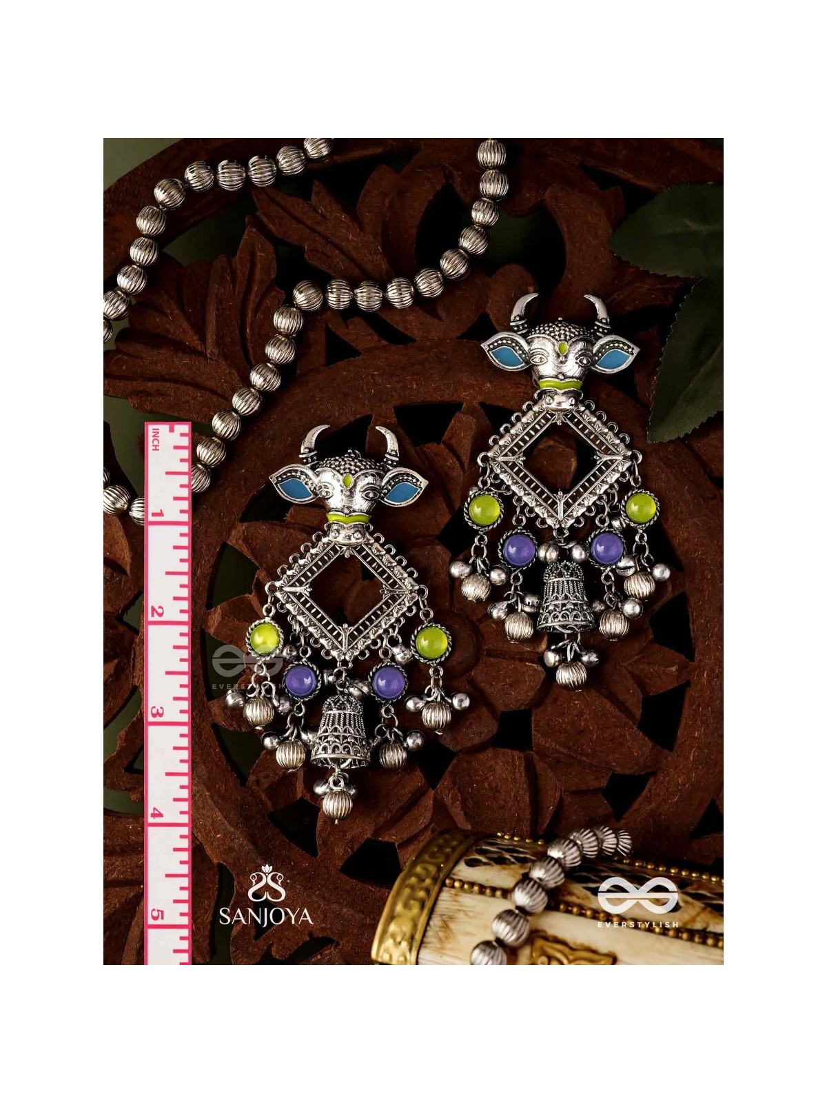 NANDI MANIKARNA- NANDI STONE EARRINGS-OXIDIZED EARRINGS FEATURING A BULL FACE, ADORNED WITH STONES AND GHUNGHROOS