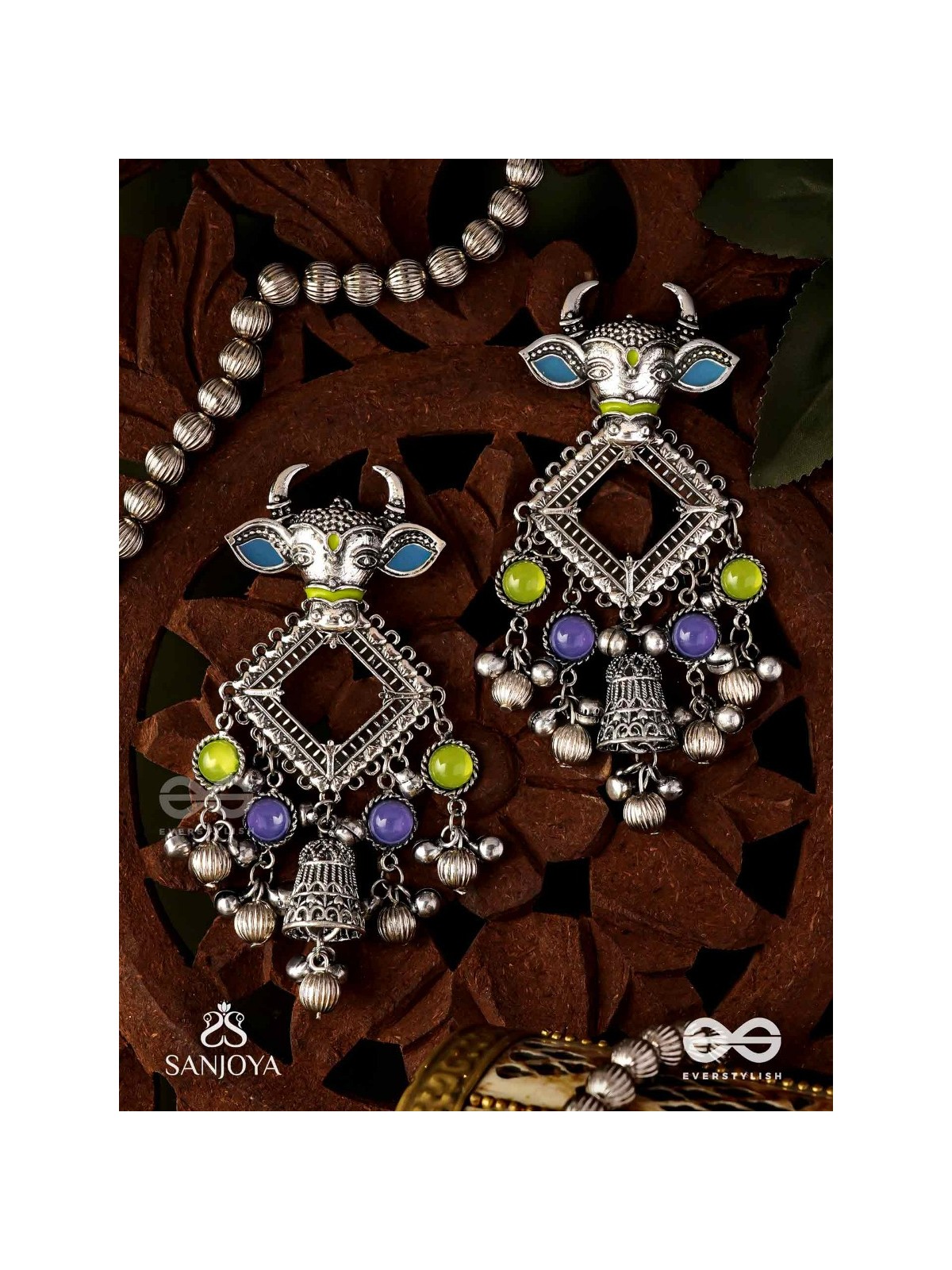 NANDI MANIKARNA- NANDI STONE EARRINGS-OXIDIZED EARRINGS FEATURING A BULL FACE, ADORNED WITH STONES AND GHUNGHROOS