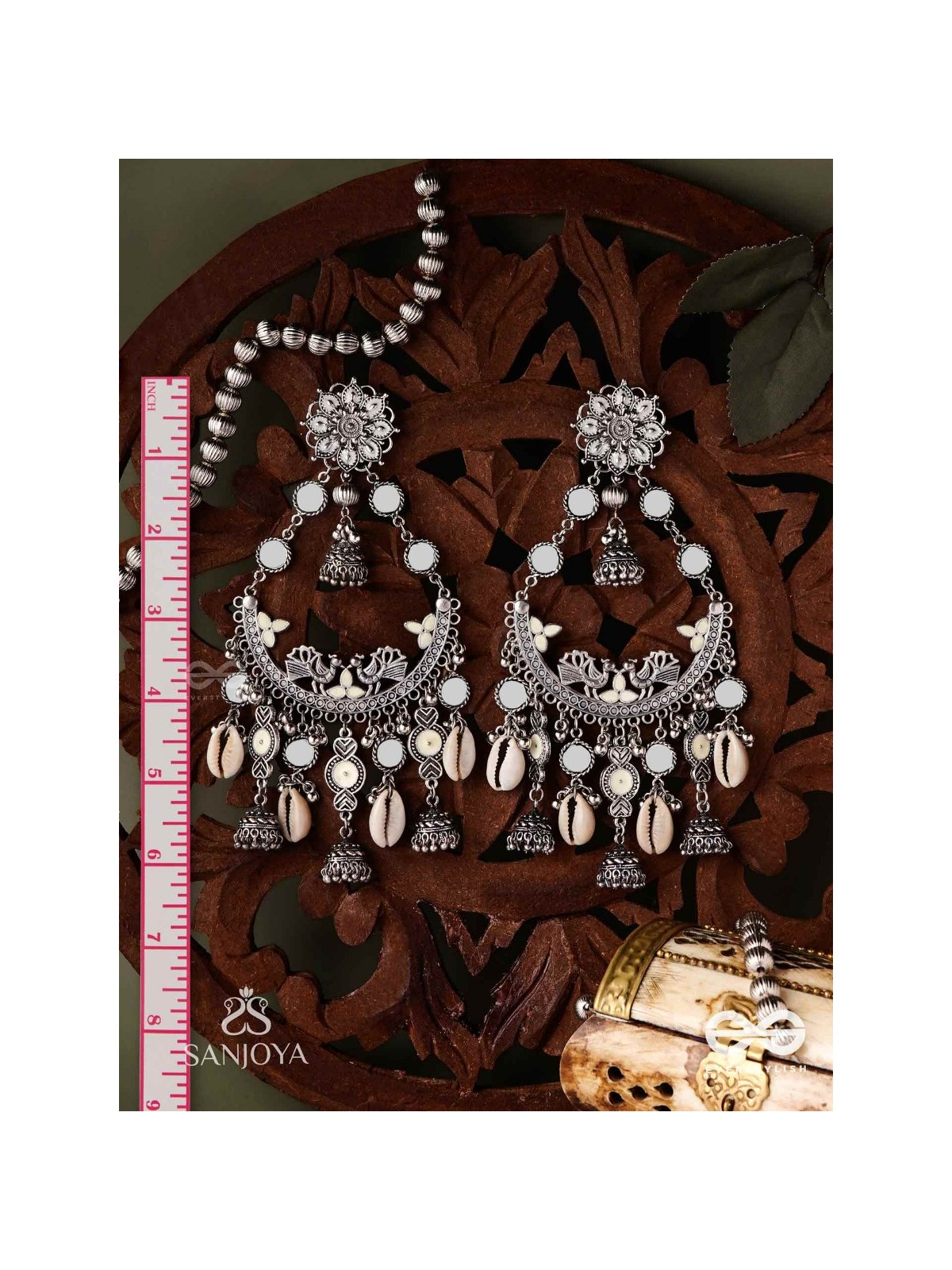 CHANDRAMAYURA- MOON-PEACOCK EARRINGS- OXIDIZED CHAANDBAALI EARRINGS, ADORNED WITH MIRRORS, GHUNGHROOS, COWRIE SHELLS, AND DANGLING JHUMKA