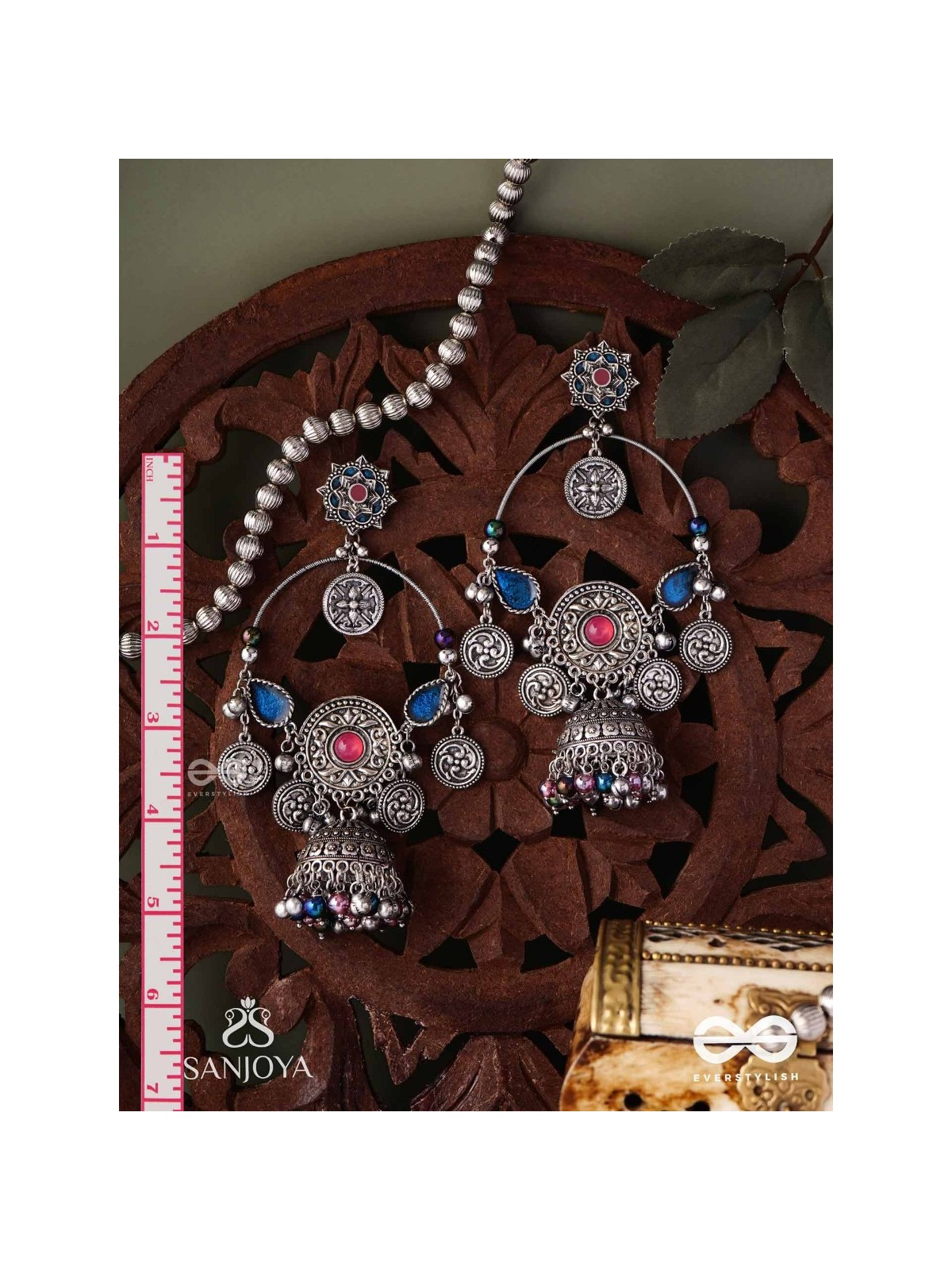 SHUBHRAVILASA- RADIANT GRACE- SILVER TONED EARRINGS, CIRCULAR MOTIFS ADORNED WITH GHUNGROOS AND JHUMKA