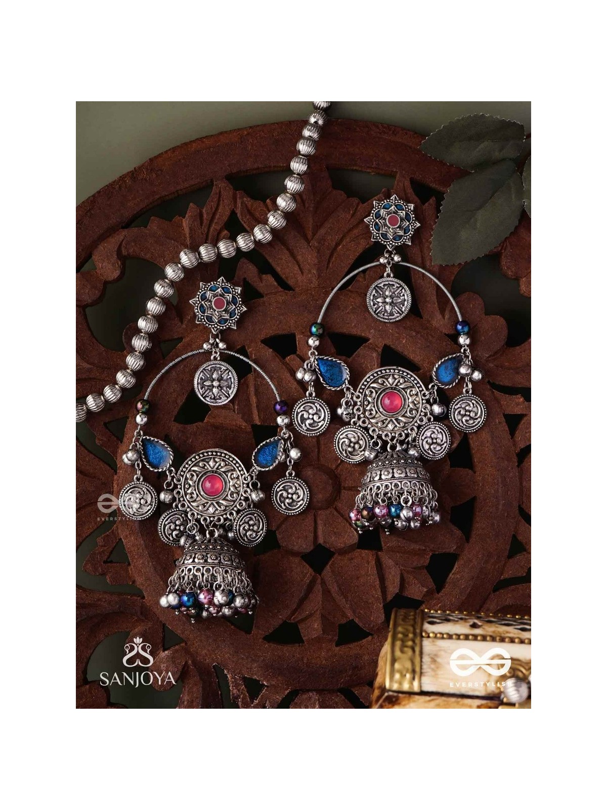 SHUBHRAVILASA- RADIANT GRACE- SILVER TONED EARRINGS, CIRCULAR MOTIFS ADORNED WITH GHUNGROOS AND JHUMKA