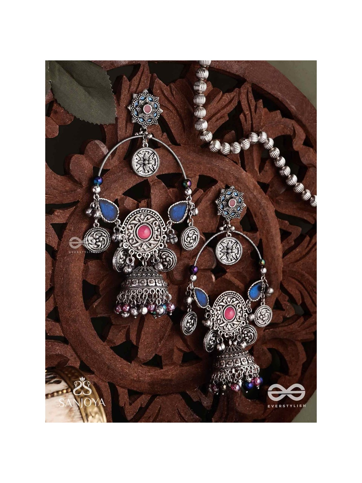 SHUBHRAVILASA- RADIANT GRACE- SILVER TONED EARRINGS, CIRCULAR MOTIFS ADORNED WITH GHUNGROOS AND JHUMKA