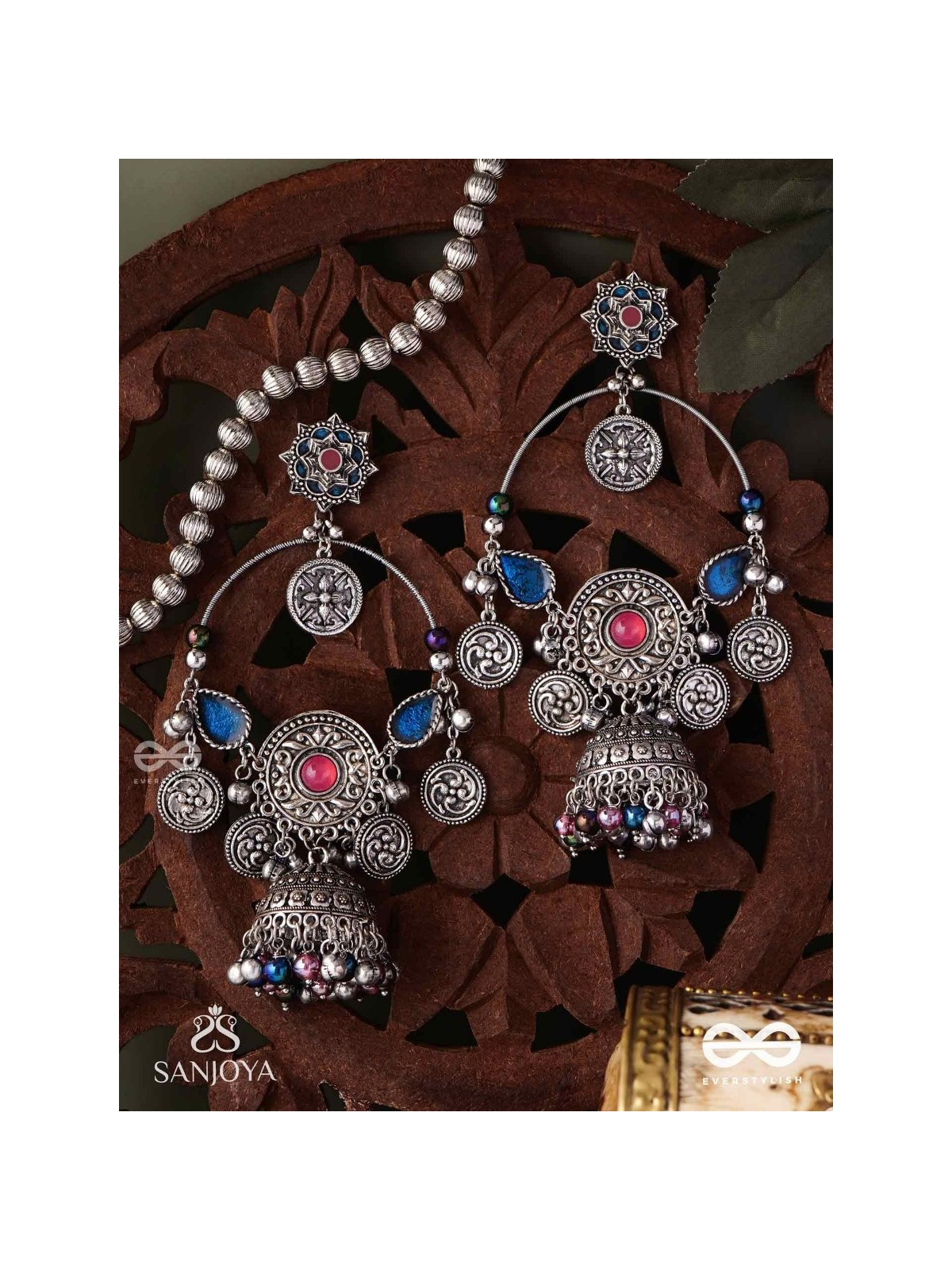 SHUBHRAVILASA- RADIANT GRACE- SILVER TONED EARRINGS, CIRCULAR MOTIFS ADORNED WITH GHUNGROOS AND JHUMKA