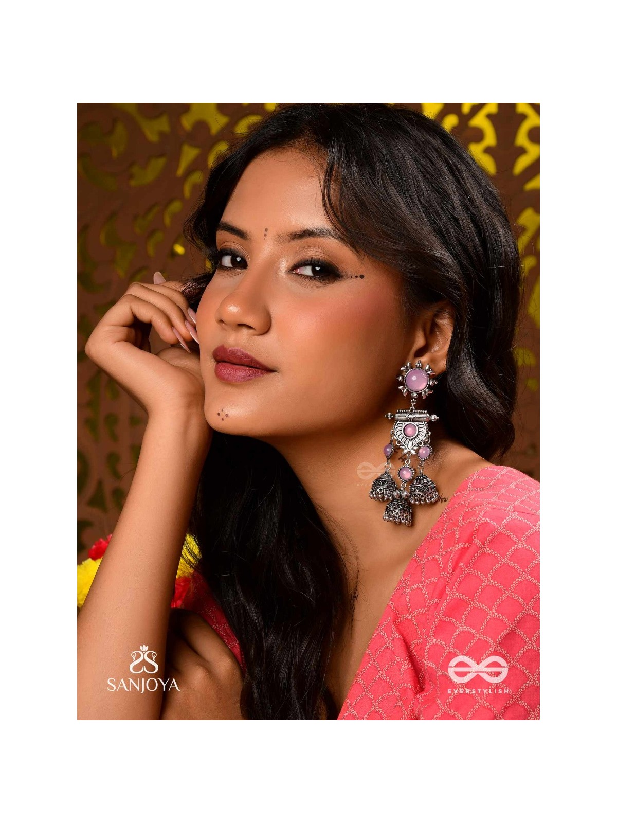 VIJAYAMUKTA-VICTORY PEARLS- REGAL OXIDIZED EARRINGS WITH A CENTRAL PURPLE STONE AND LAYERED JHUMKAS