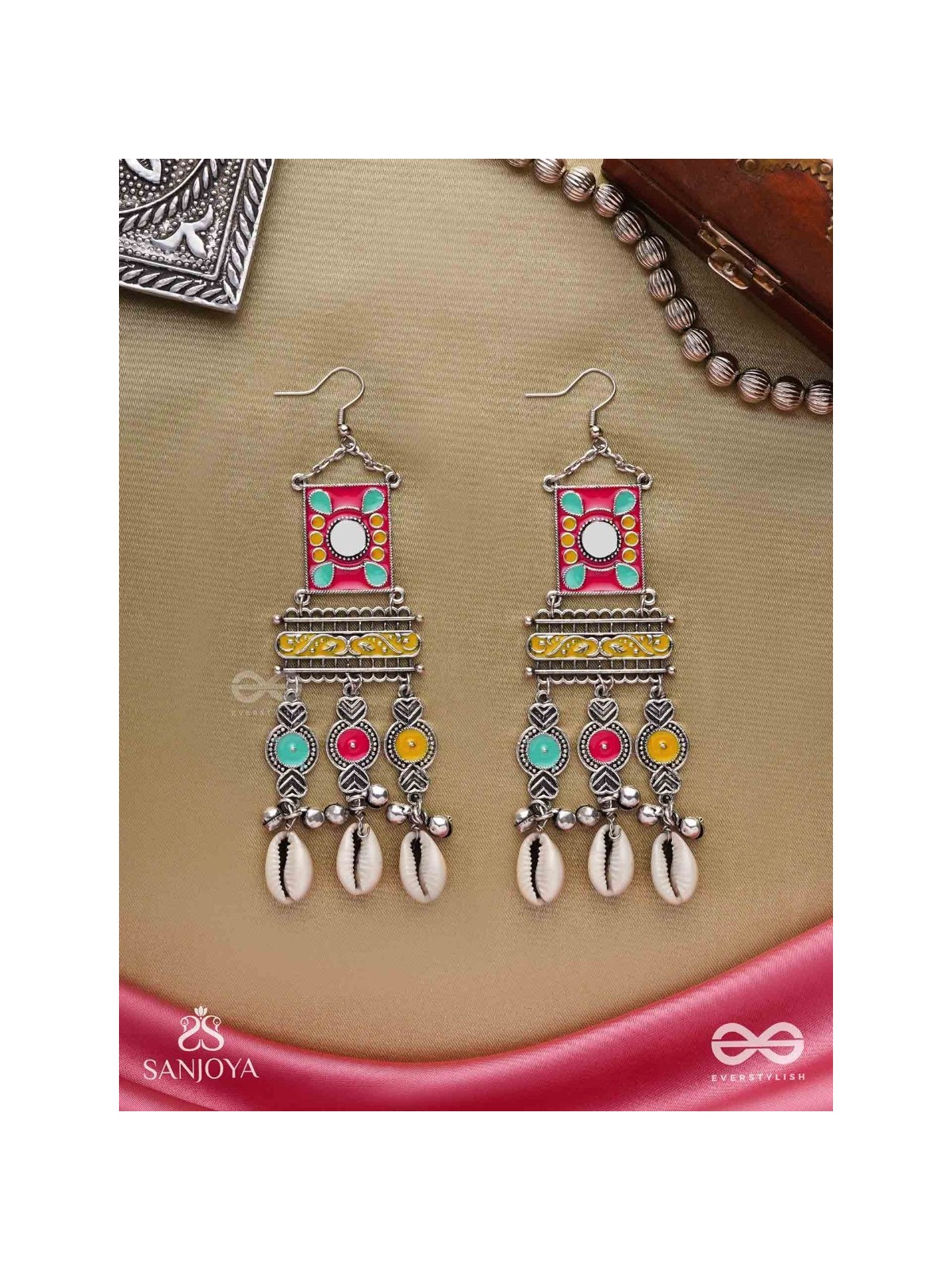 SINGHASANAMUKTA- THRONE GEM- OXIDIZED ENAMELLED EARRINGS IN MULTICOLOUR MOTIFS WITH GHUNGHROO'S AND COWRIE SHELLS