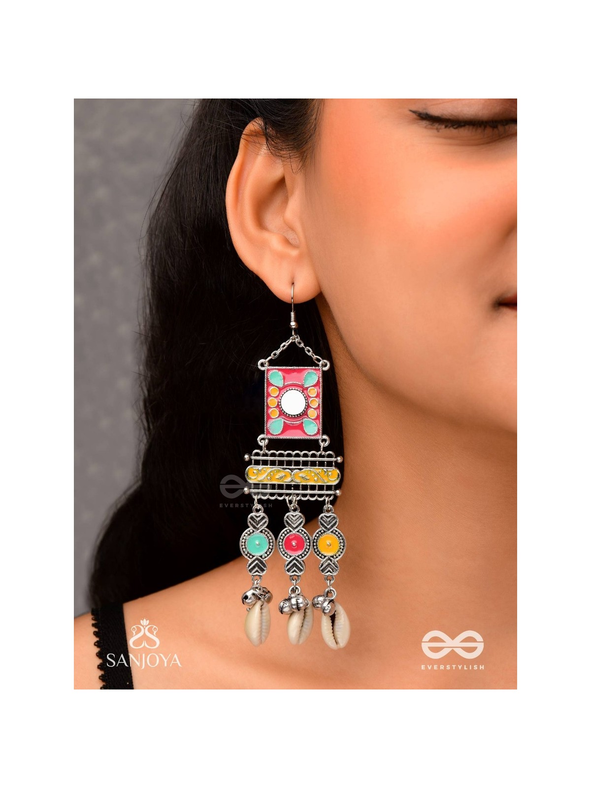 SINGHASANAMUKTA- THRONE GEM- OXIDIZED ENAMELLED EARRINGS IN MULTICOLOUR MOTIFS WITH GHUNGHROO'S AND COWRIE SHELLS
