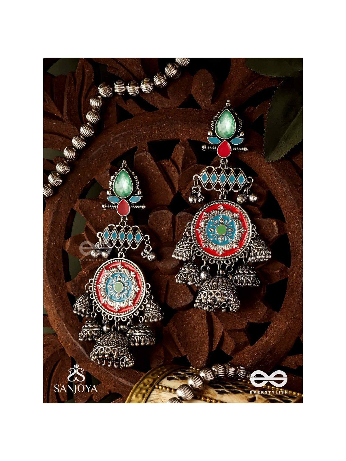  ADITYARATNA-SUN GEM- RADIANT EARRINGS WITH DETAILED METALWORK SET IN PASTEL TONE FEATURING STONE AND JHUMKAS