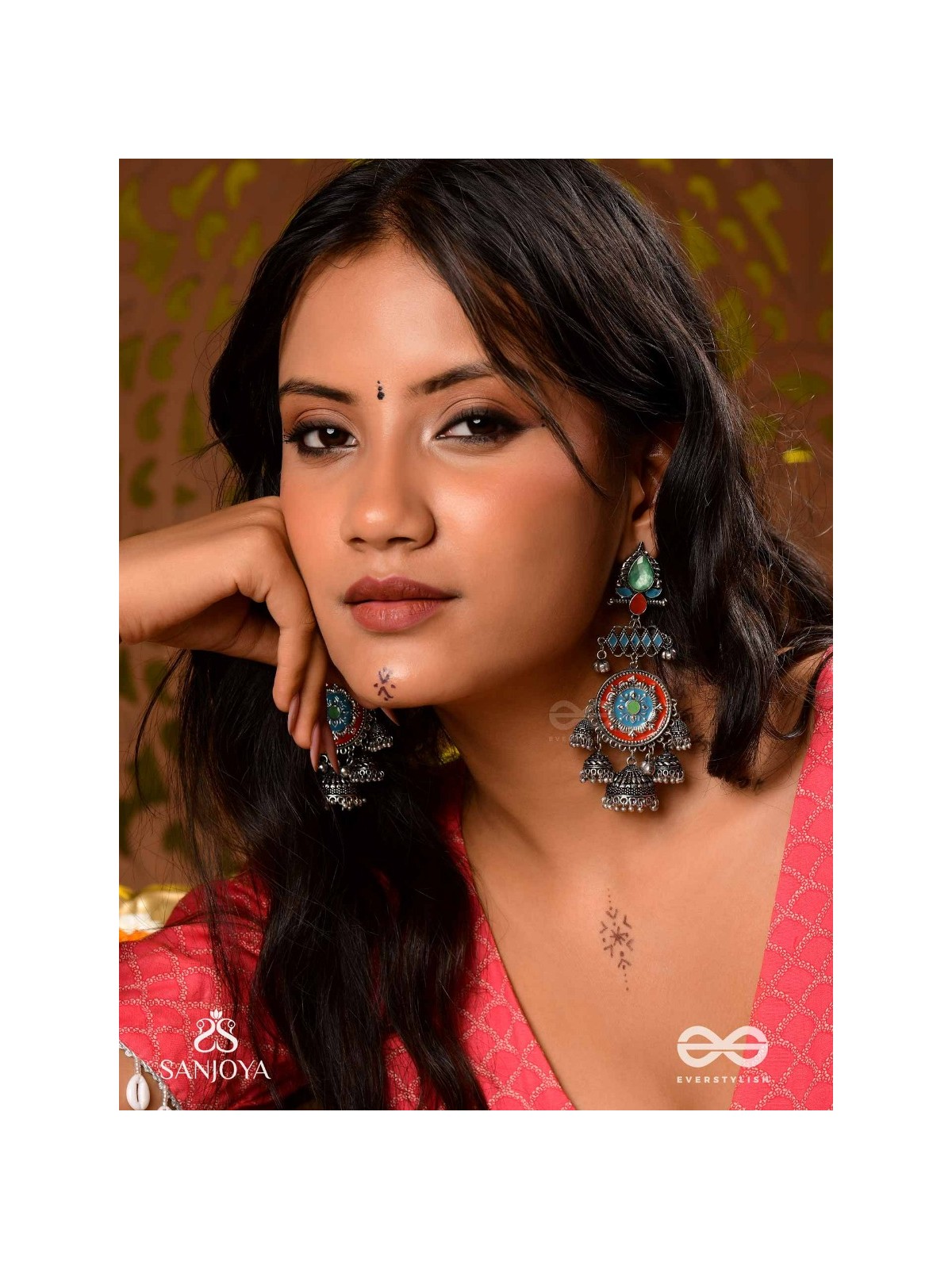  ADITYARATNA-SUN GEM- RADIANT EARRINGS WITH DETAILED METALWORK SET IN PASTEL TONE FEATURING STONE AND JHUMKAS