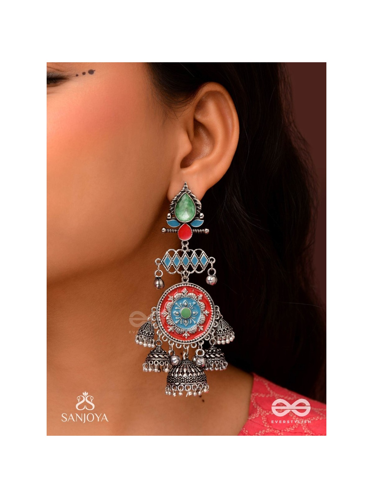  ADITYARATNA-SUN GEM- RADIANT EARRINGS WITH DETAILED METALWORK SET IN PASTEL TONE FEATURING STONE AND JHUMKAS