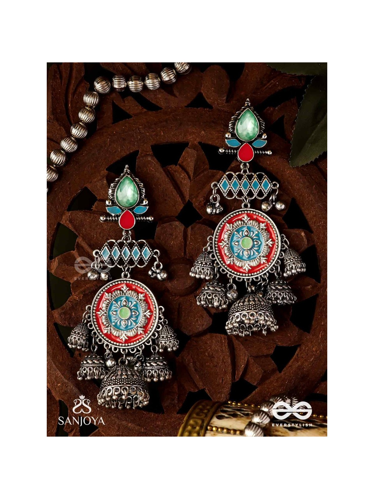  ADITYARATNA-SUN GEM- RADIANT EARRINGS WITH DETAILED METALWORK SET IN PASTEL TONE FEATURING STONE AND JHUMKAS