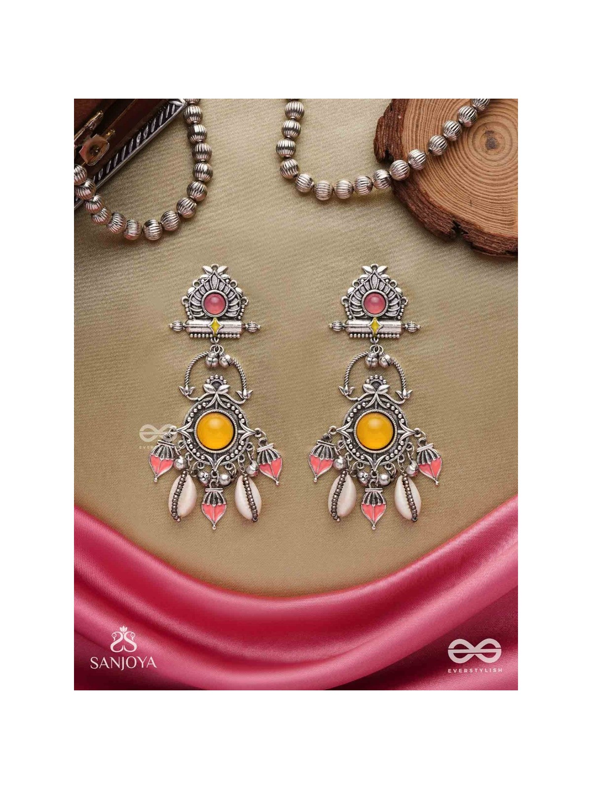  SURYARATNA-SUN GEM-SILVER-TONED EARRINGS ACCENTED WITH DANGLING COWRIE SHELLS AND GHUNGHROO'S