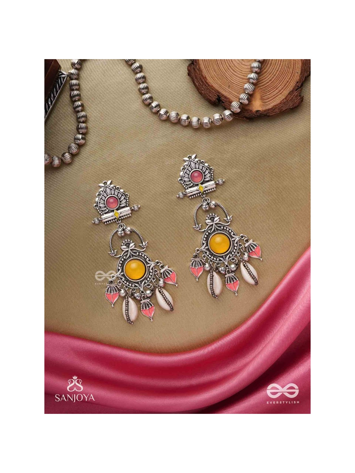  SURYARATNA-SUN GEM-SILVER-TONED EARRINGS ACCENTED WITH DANGLING COWRIE SHELLS AND GHUNGHROO'S