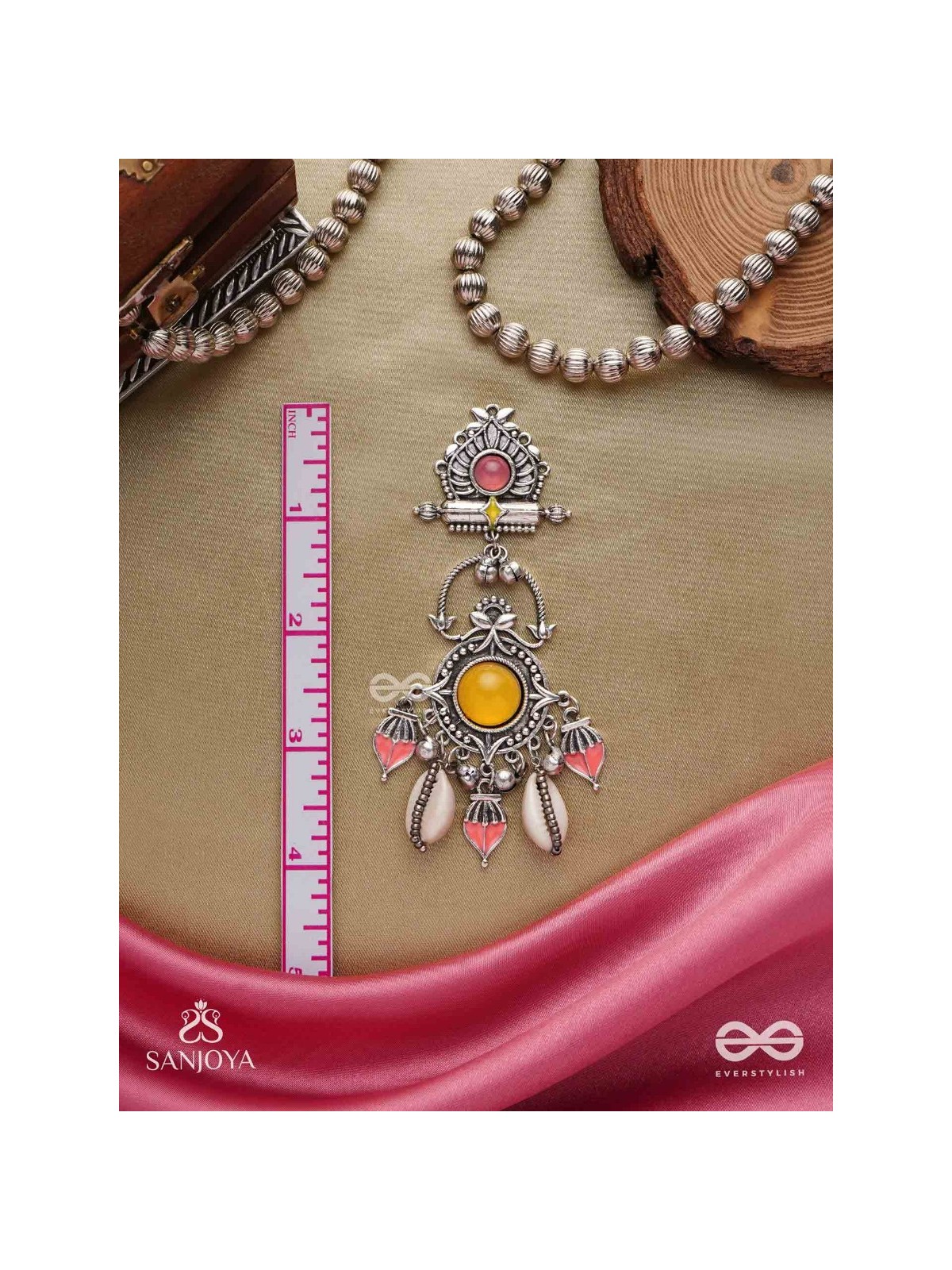  SURYARATNA-SUN GEM-SILVER-TONED EARRINGS ACCENTED WITH DANGLING COWRIE SHELLS AND GHUNGHROO'S