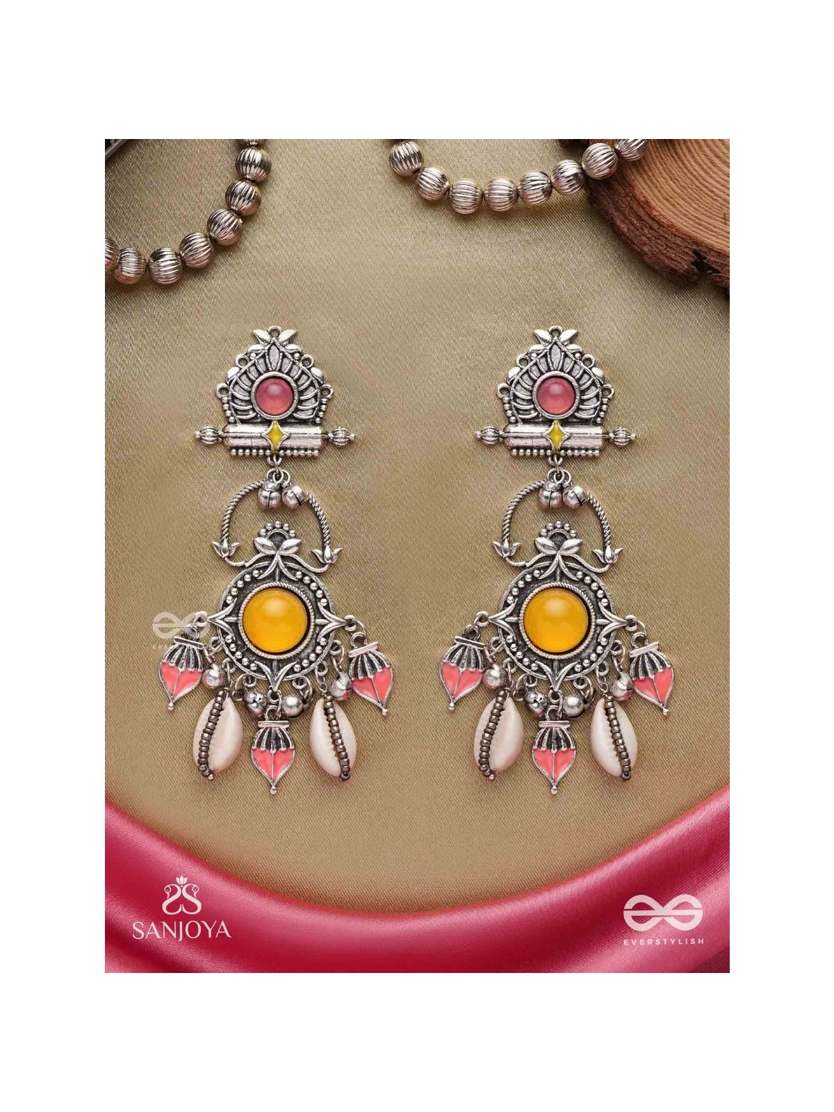  SURYARATNA-SUN GEM-SILVER-TONED EARRINGS ACCENTED WITH DANGLING COWRIE SHELLS AND GHUNGHROO'S
