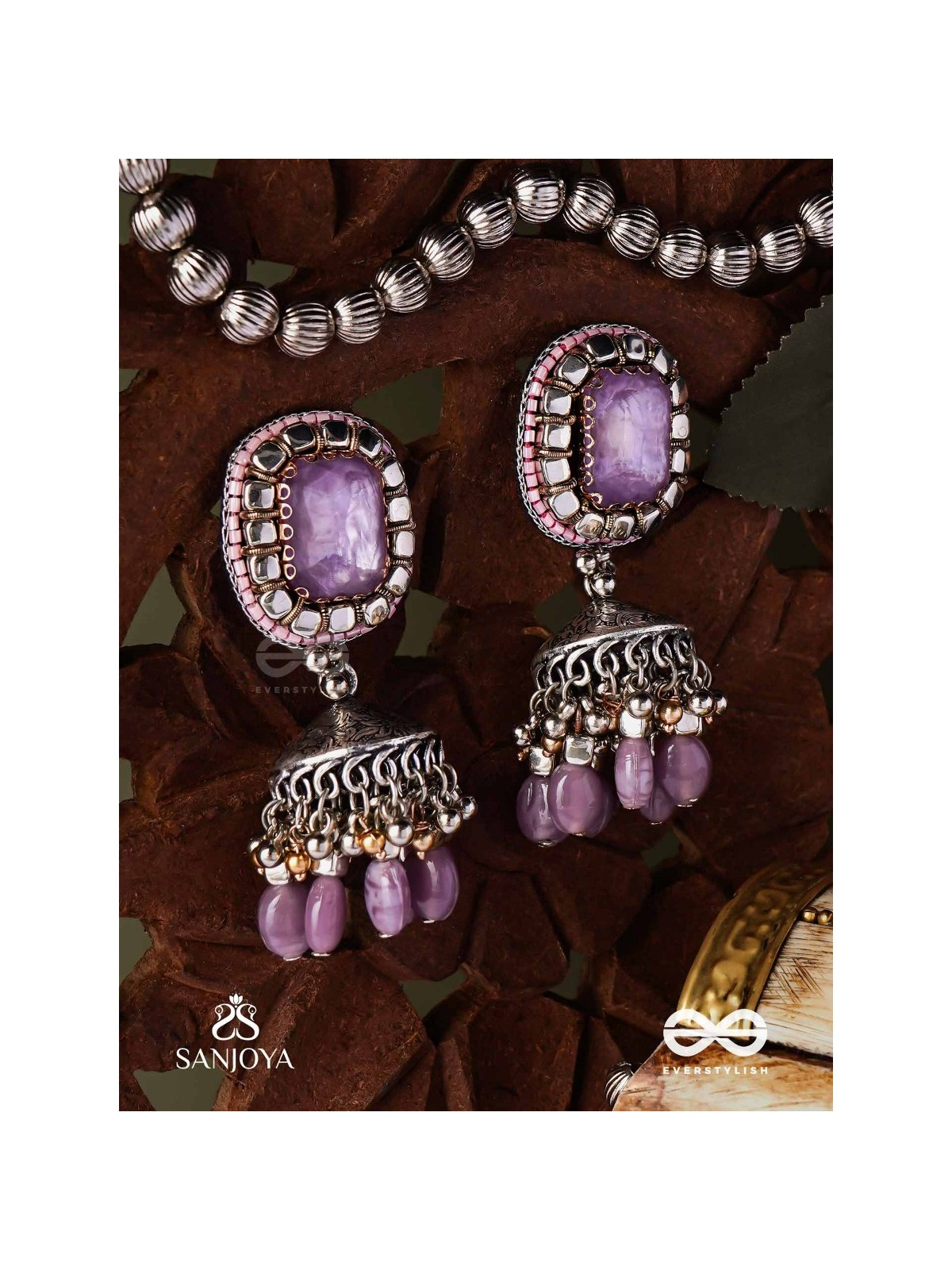  AMRITAMANJARI-NECTAR CLUSTER- EMBROIDERED LAVENDAR JHUMKA EARRINGS ADORNED WITH STONES AND BEADS