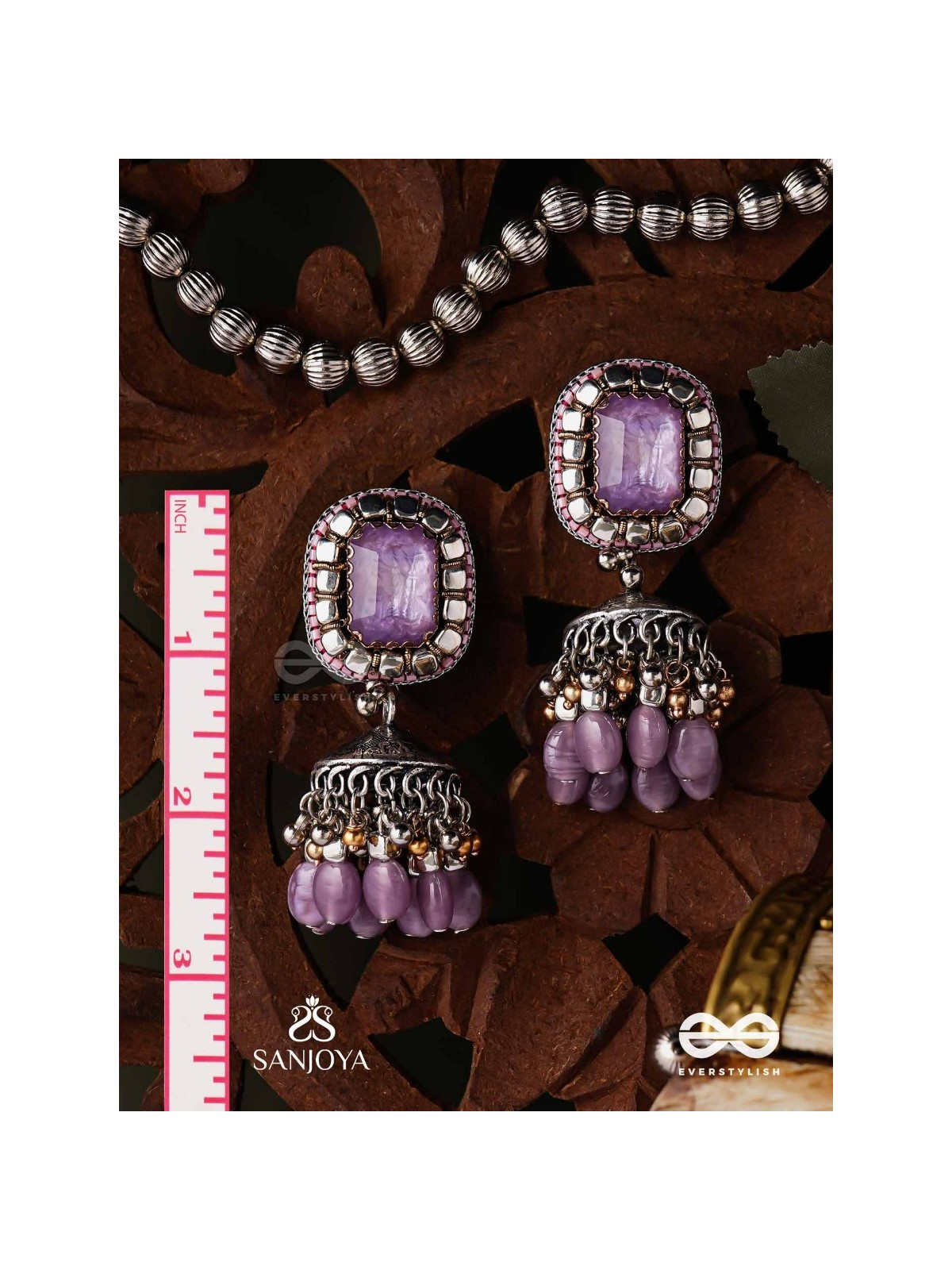  AMRITAMANJARI-NECTAR CLUSTER- EMBROIDERED LAVENDAR JHUMKA EARRINGS ADORNED WITH STONES AND BEADS