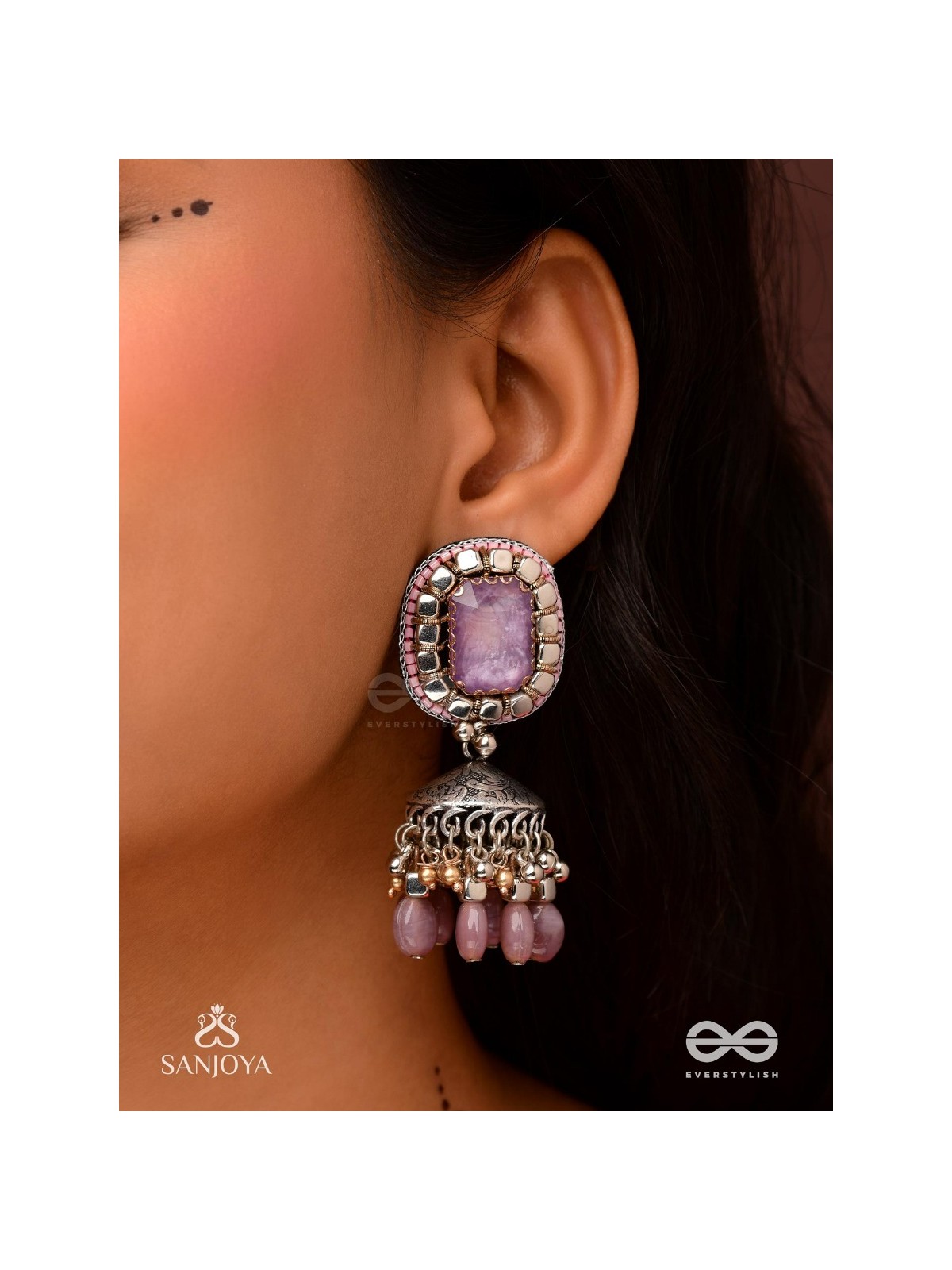  AMRITAMANJARI-NECTAR CLUSTER- EMBROIDERED LAVENDAR JHUMKA EARRINGS ADORNED WITH STONES AND BEADS