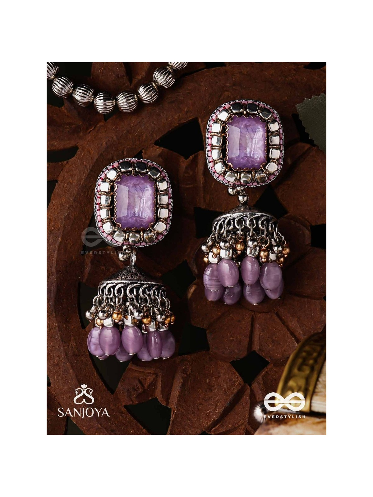  AMRITAMANJARI-NECTAR CLUSTER- EMBROIDERED LAVENDAR JHUMKA EARRINGS ADORNED WITH STONES AND BEADS