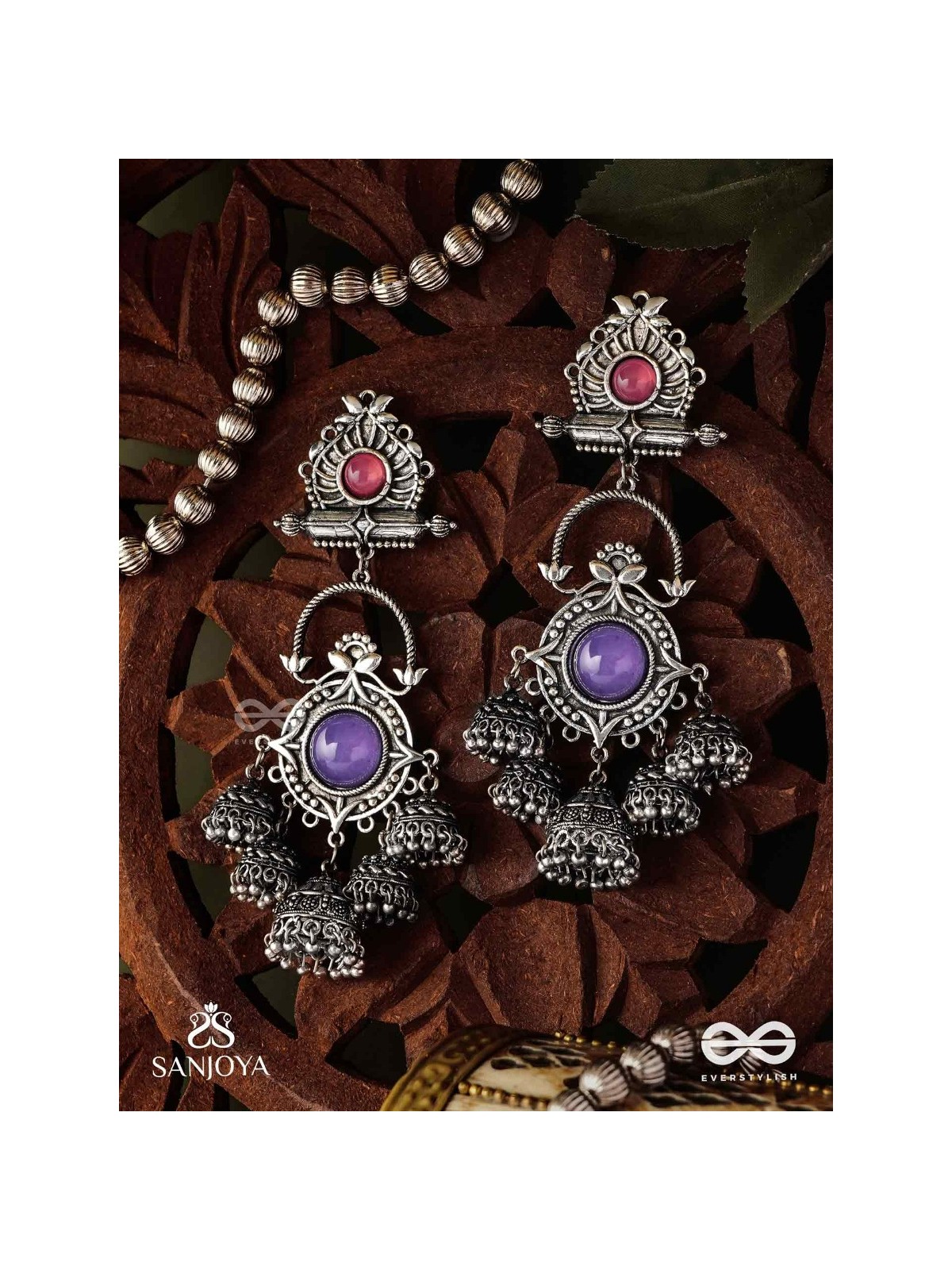  NEELADHARA-BLUE STREAM-OXIDIZED EARRINGS COMPLEMENTED BY STONES, BEADS AND DANGLING JHUMKAS