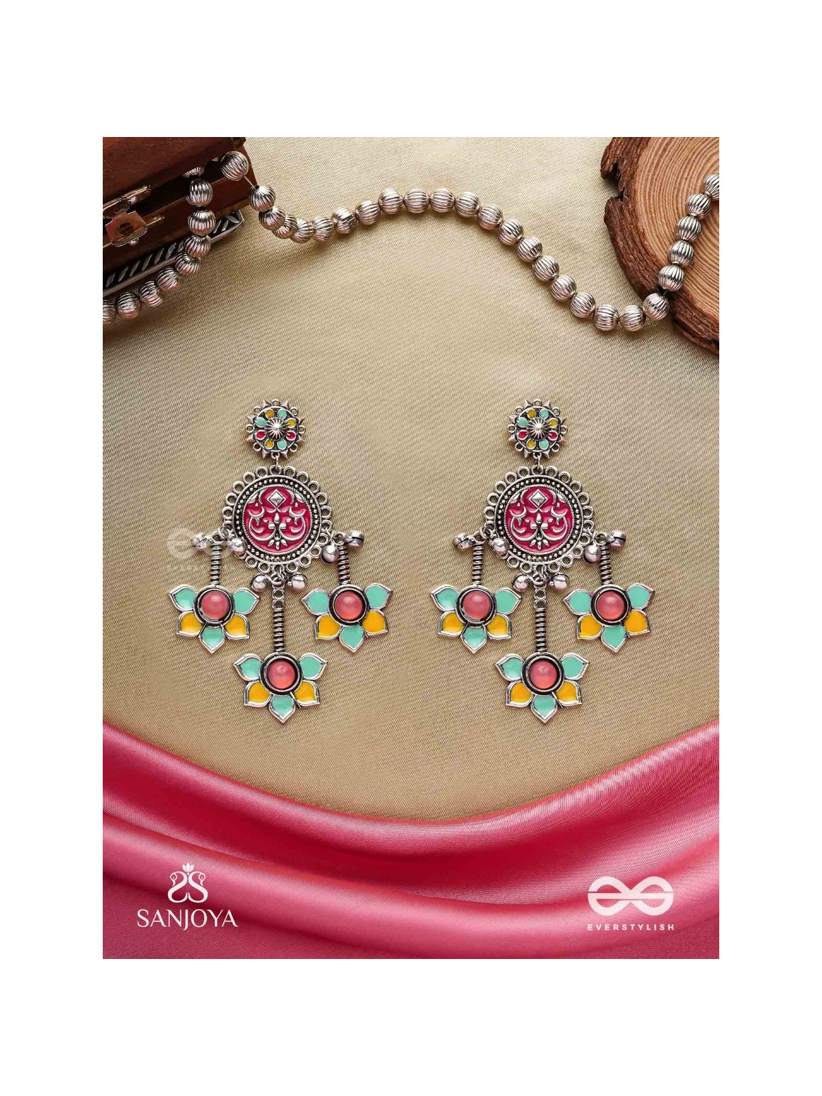  SHAHIPUSHP- ROYAL BLOSSOM- ENAMELLED EARRINGS WITH MULTI COLOURED STONES SET IN SILVER TONED METAL