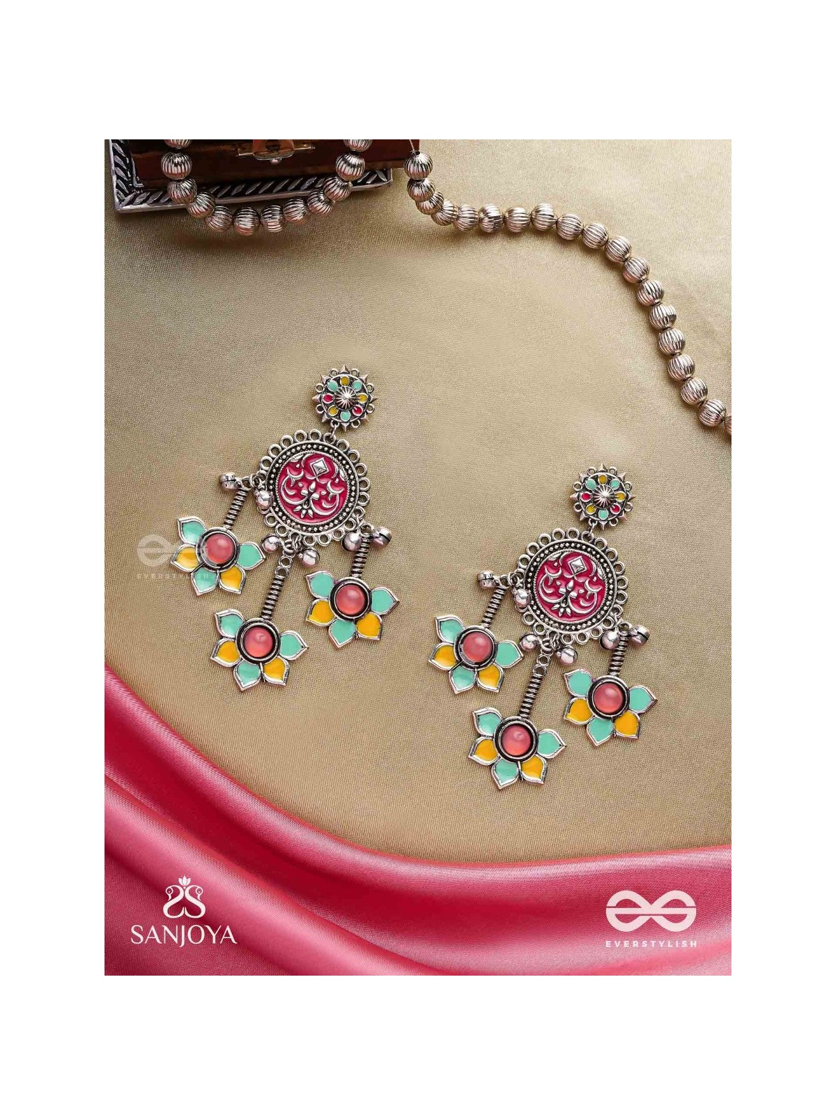  SHAHIPUSHP- ROYAL BLOSSOM- ENAMELLED EARRINGS WITH MULTI COLOURED STONES SET IN SILVER TONED METAL