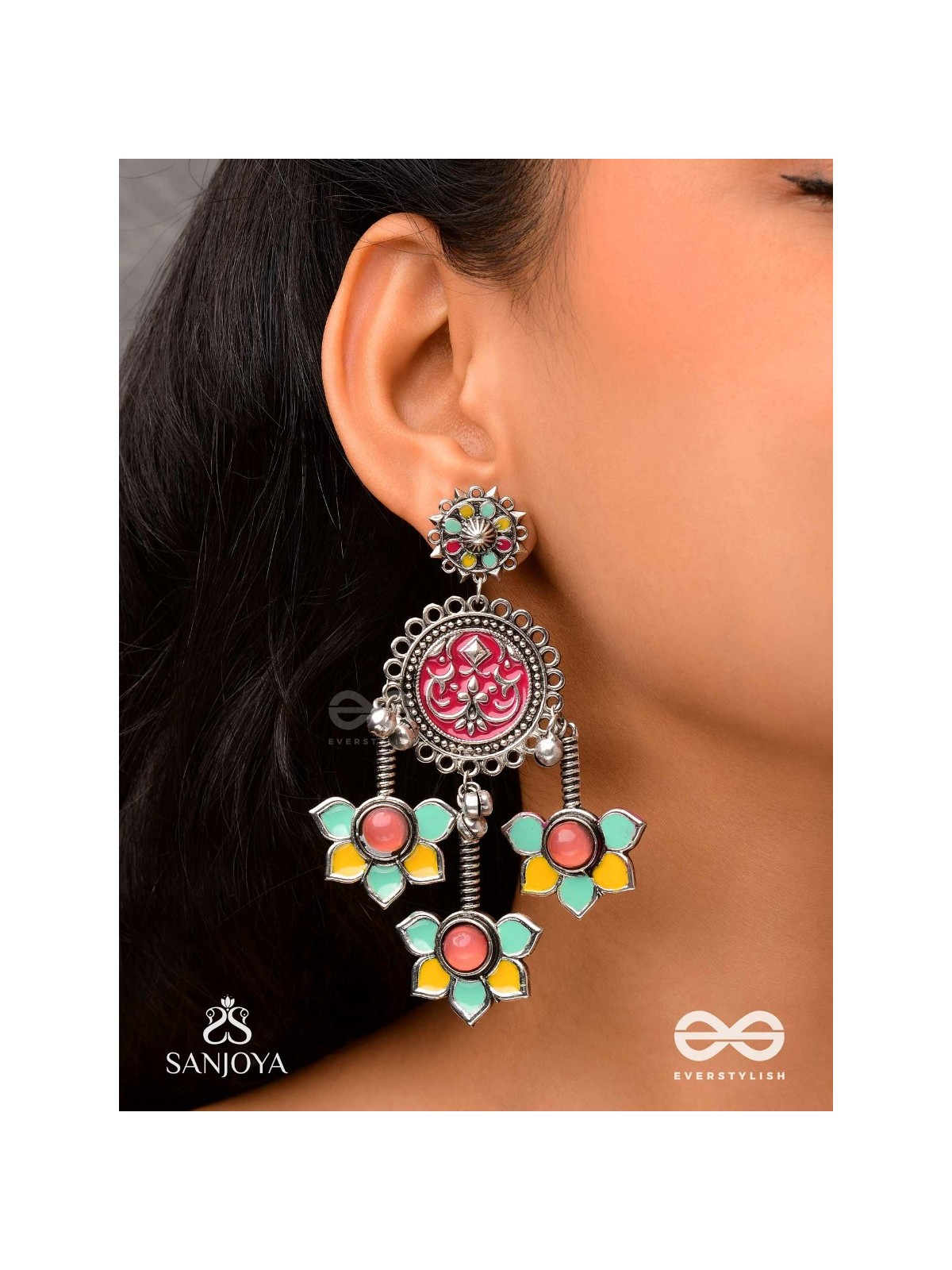  SHAHIPUSHP- ROYAL BLOSSOM- ENAMELLED EARRINGS WITH MULTI COLOURED STONES SET IN SILVER TONED METAL