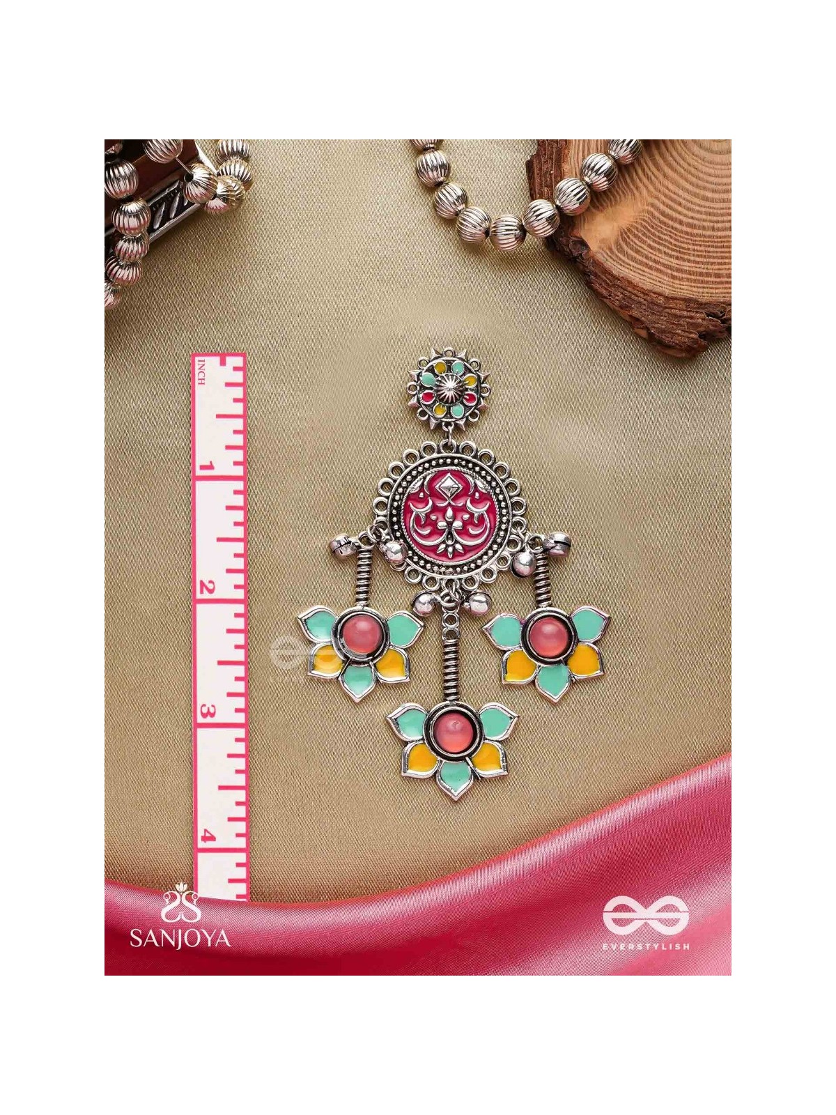  SHAHIPUSHP- ROYAL BLOSSOM- ENAMELLED EARRINGS WITH MULTI COLOURED STONES SET IN SILVER TONED METAL