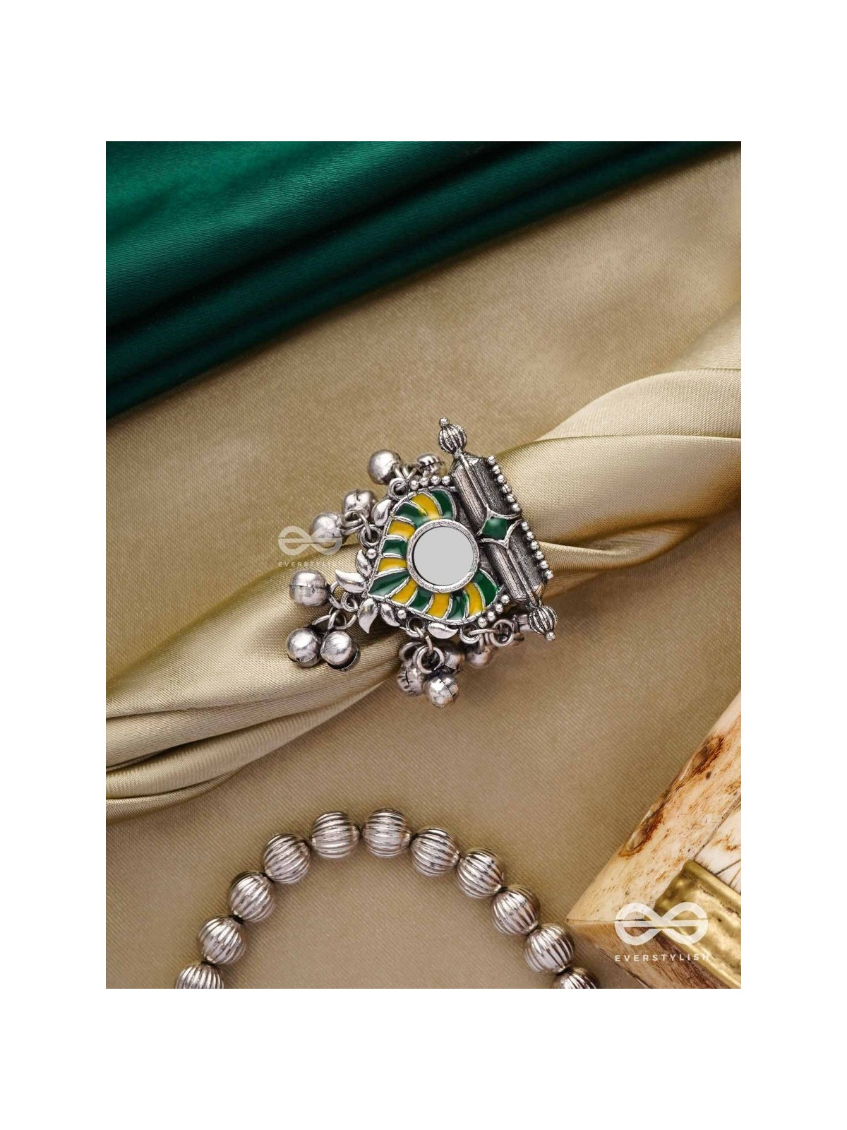 Moss Canopy-  Enamelled Oxidized Adjustable ring  with ghungroos and mirror.