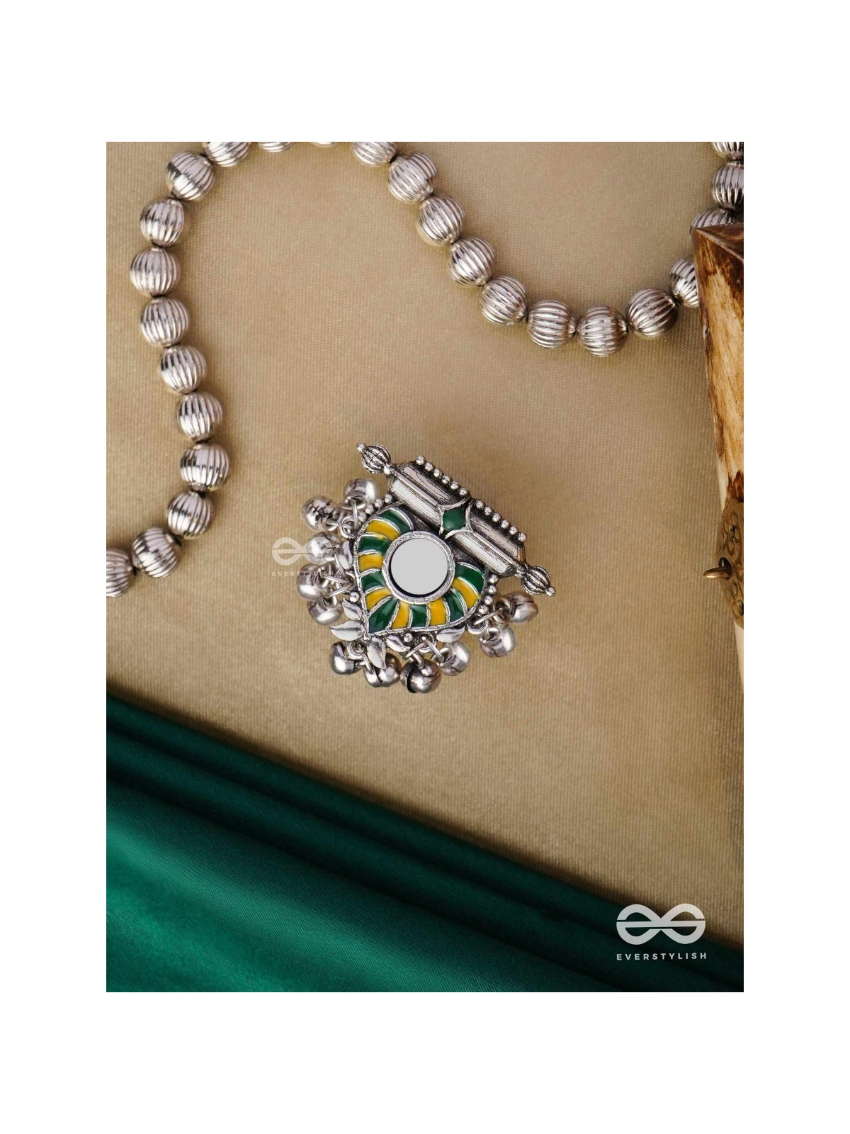 Moss Canopy-  Enamelled Oxidized Adjustable ring  with ghungroos and mirror.