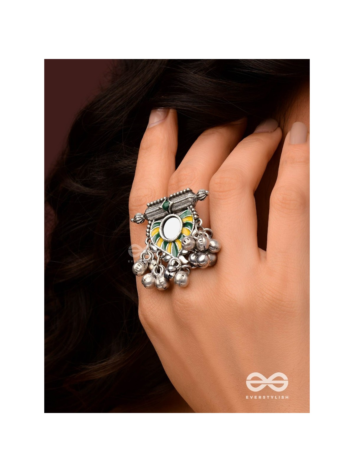 Moss Canopy-  Enamelled Oxidized Adjustable ring  with ghungroos and mirror.