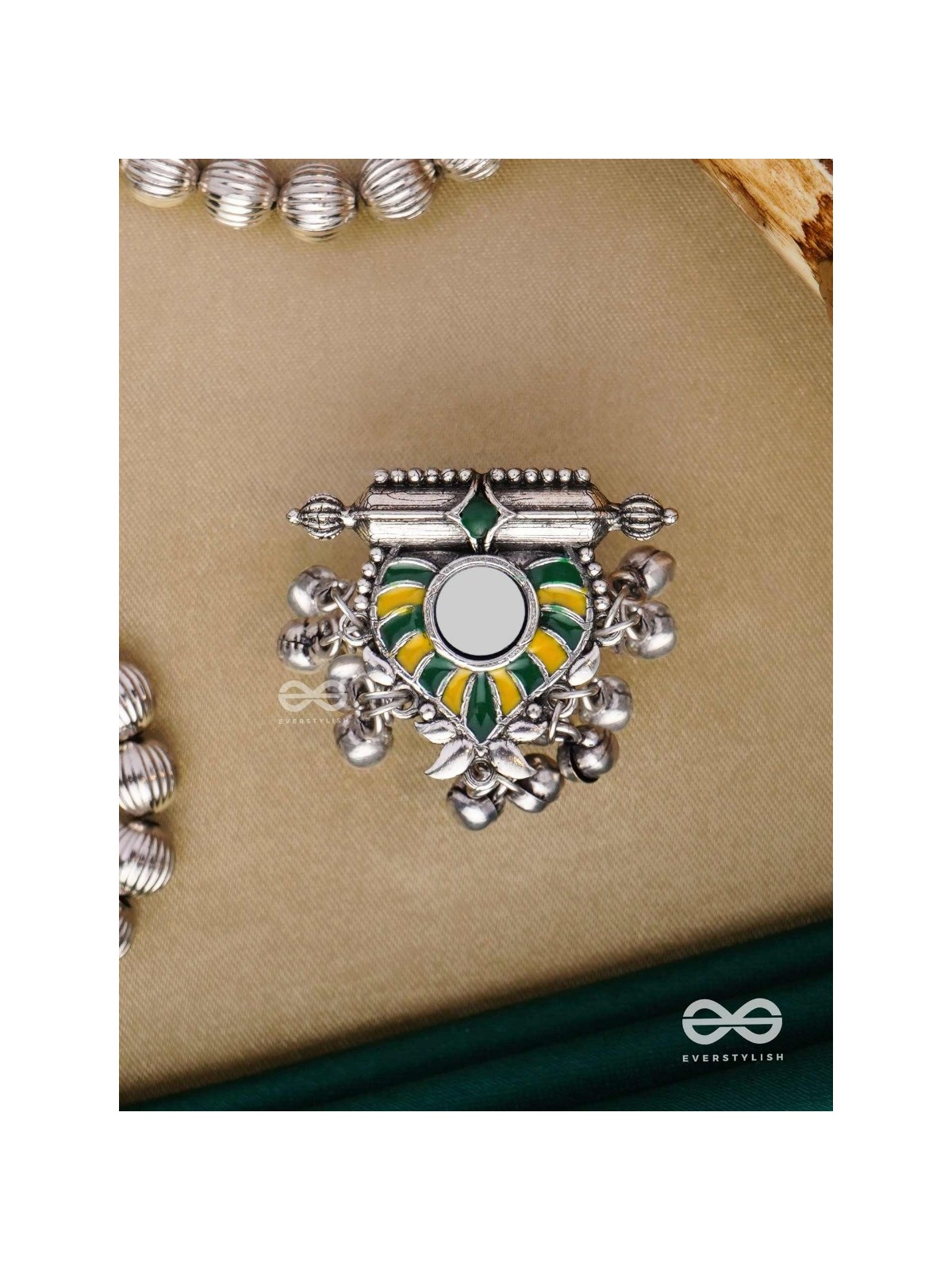 Moss Canopy-  Enamelled Oxidized Adjustable ring  with ghungroos and mirror.