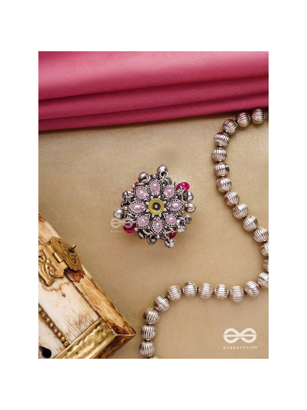 Autumn Leaf Ring-  Enamelled Adjustable Oxidized Beaded Ring