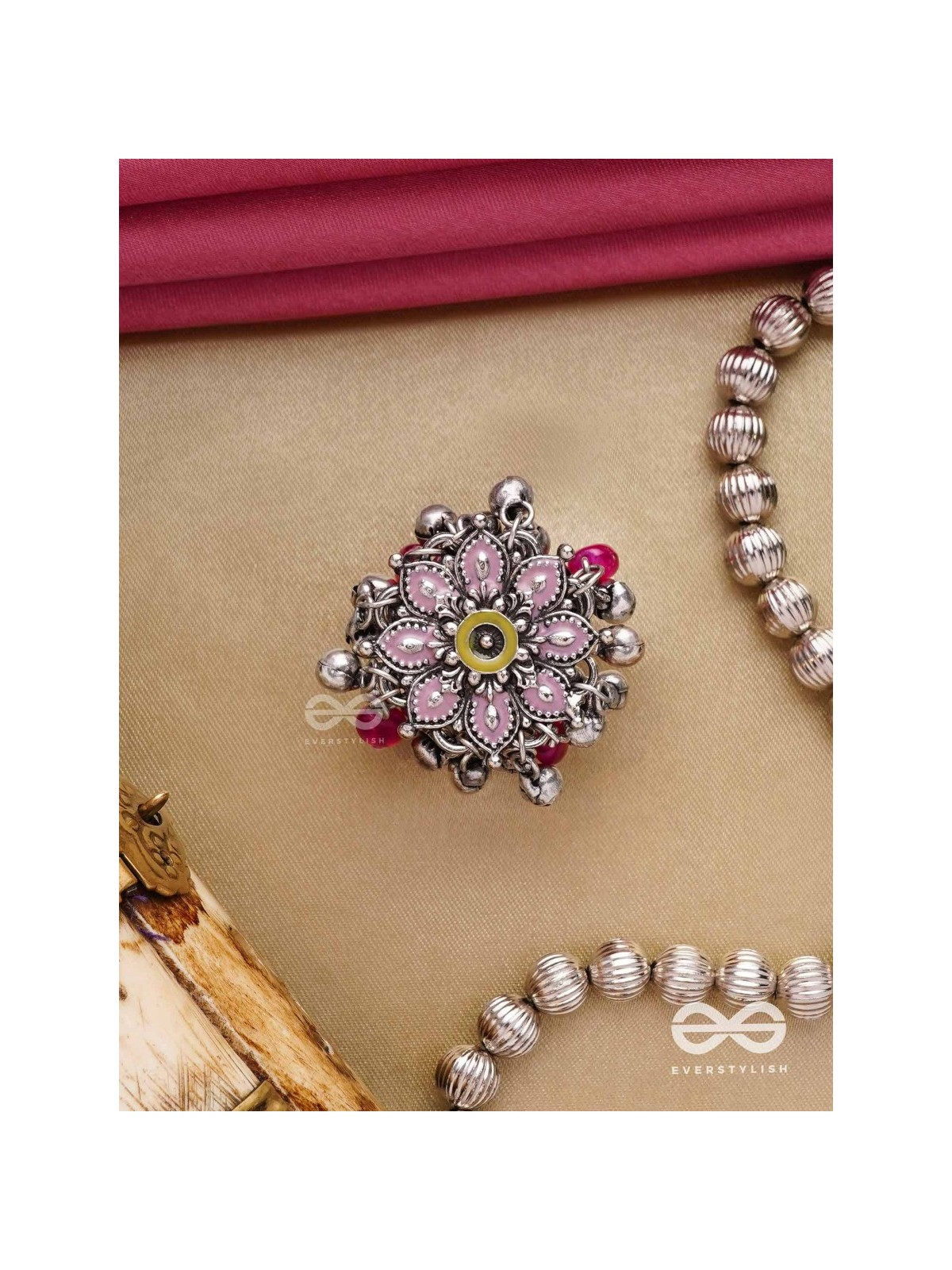 Autumn Leaf Ring-  Enamelled Adjustable Oxidized Beaded Ring