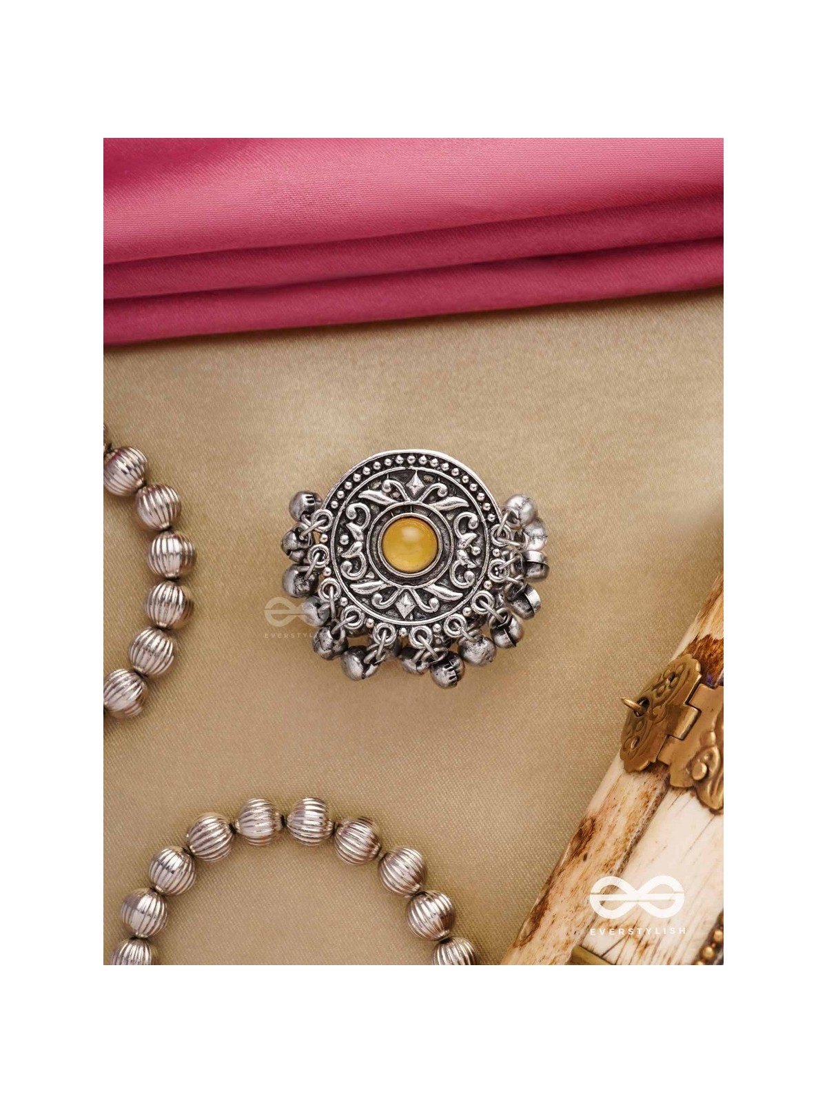 Pitamani-Yellow jewel- oxidized adjustable ring in golden hues with Ghunghroo's.