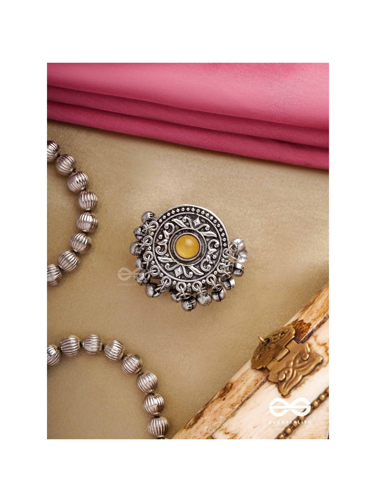 Pitamani-Yellow jewel- oxidized adjustable ring in golden hues with Ghunghroo's.