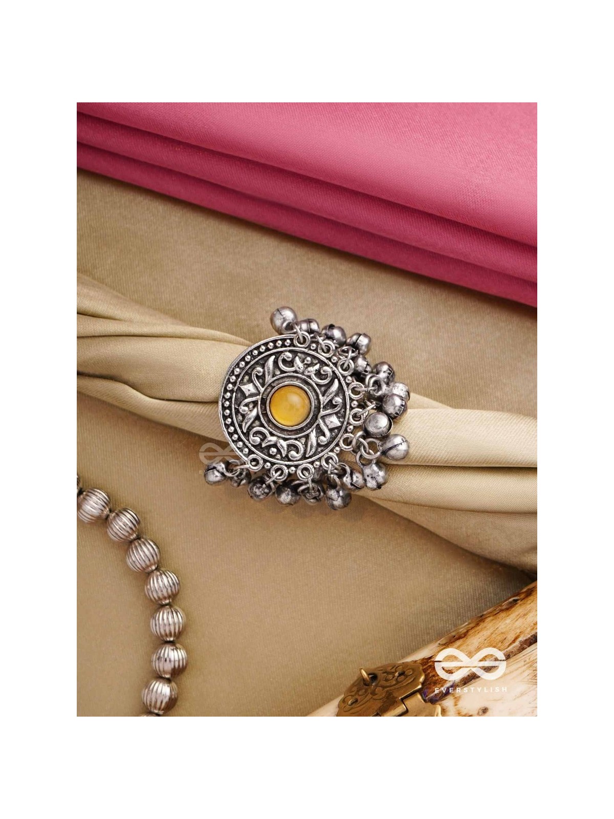Pitamani-Yellow jewel- oxidized adjustable ring in golden hues with Ghunghroo's.