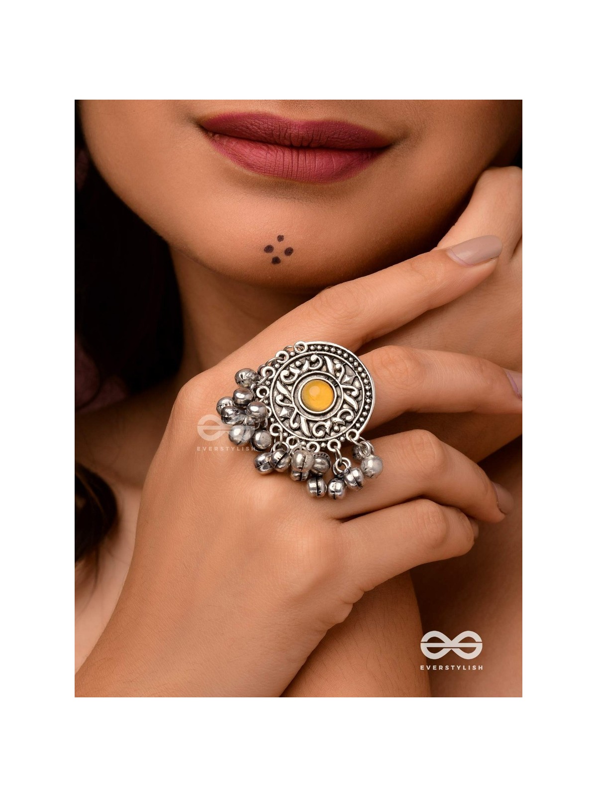 Pitamani-Yellow jewel- oxidized adjustable ring in golden hues with Ghunghroo's.