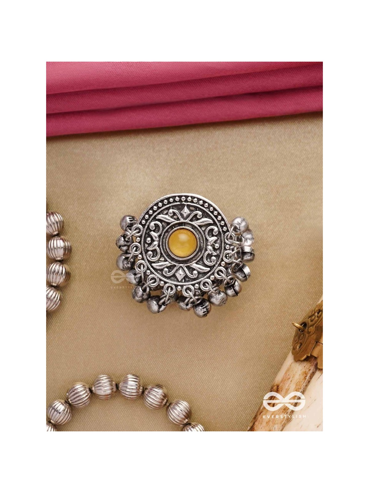 Pitamani-Yellow jewel- oxidized adjustable ring in golden hues with Ghunghroo's.