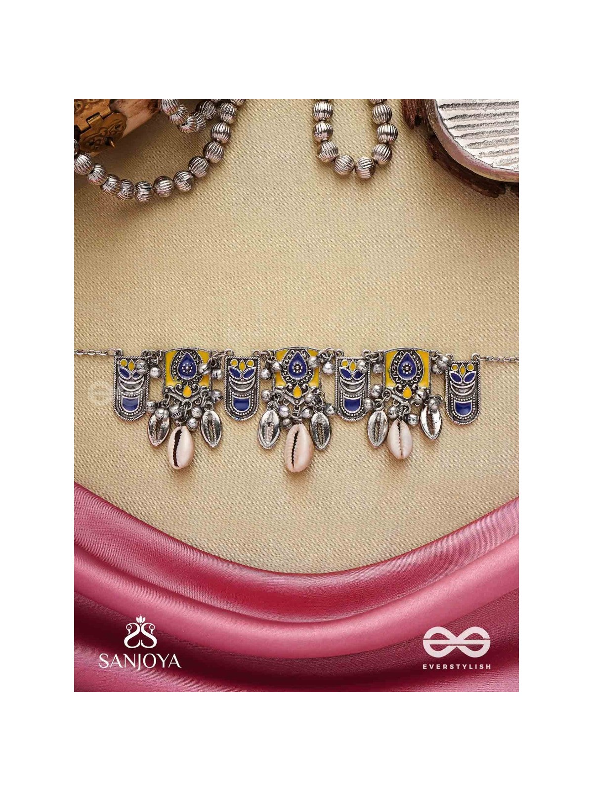 Shankhariti-Conch Elegance- Enamelled Choker neckpiece with pastel motifs with cowrie shells and ghunghroo