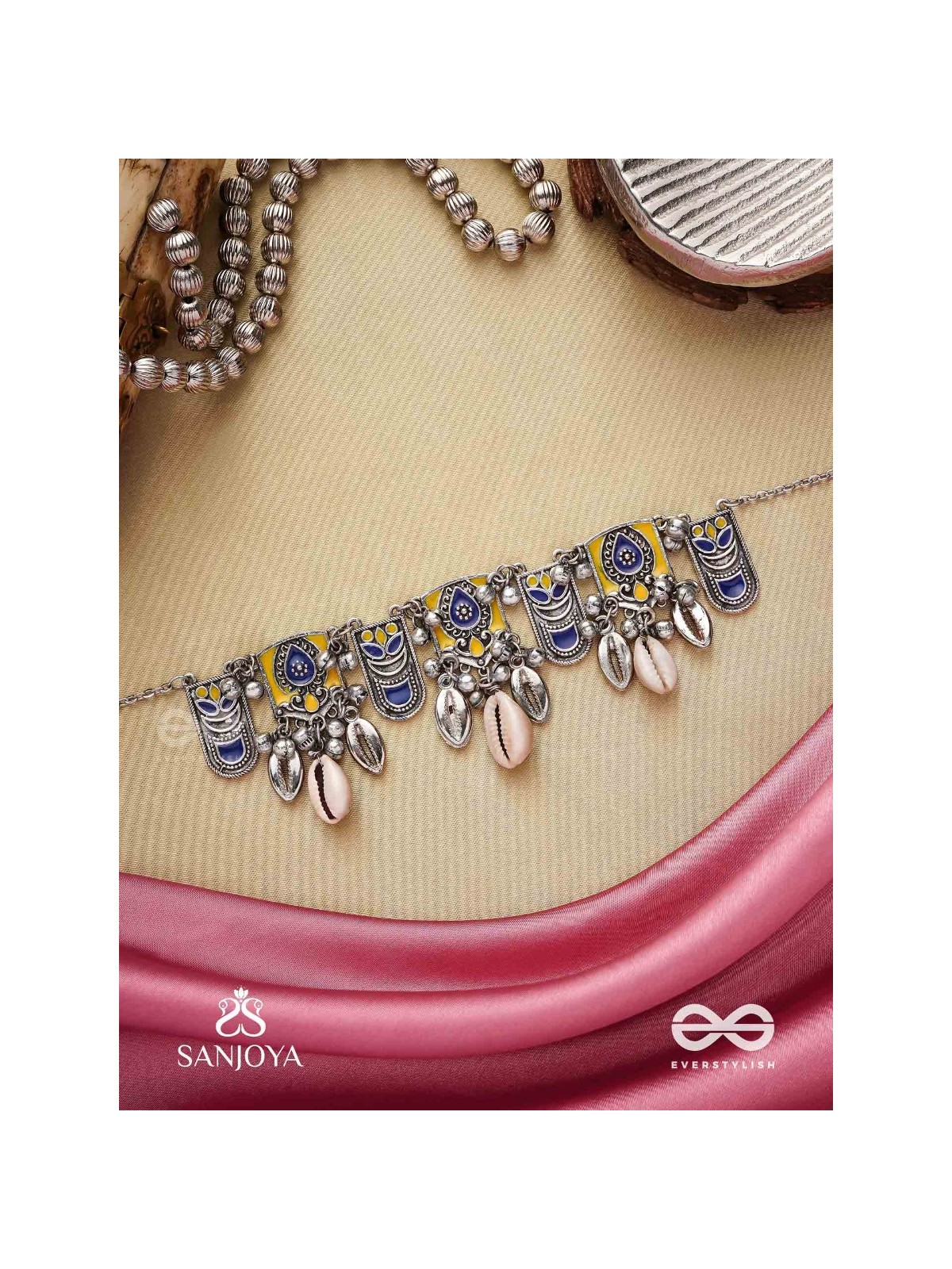 Shankhariti-Conch Elegance- Enamelled Choker neckpiece with pastel motifs with cowrie shells and ghunghroo