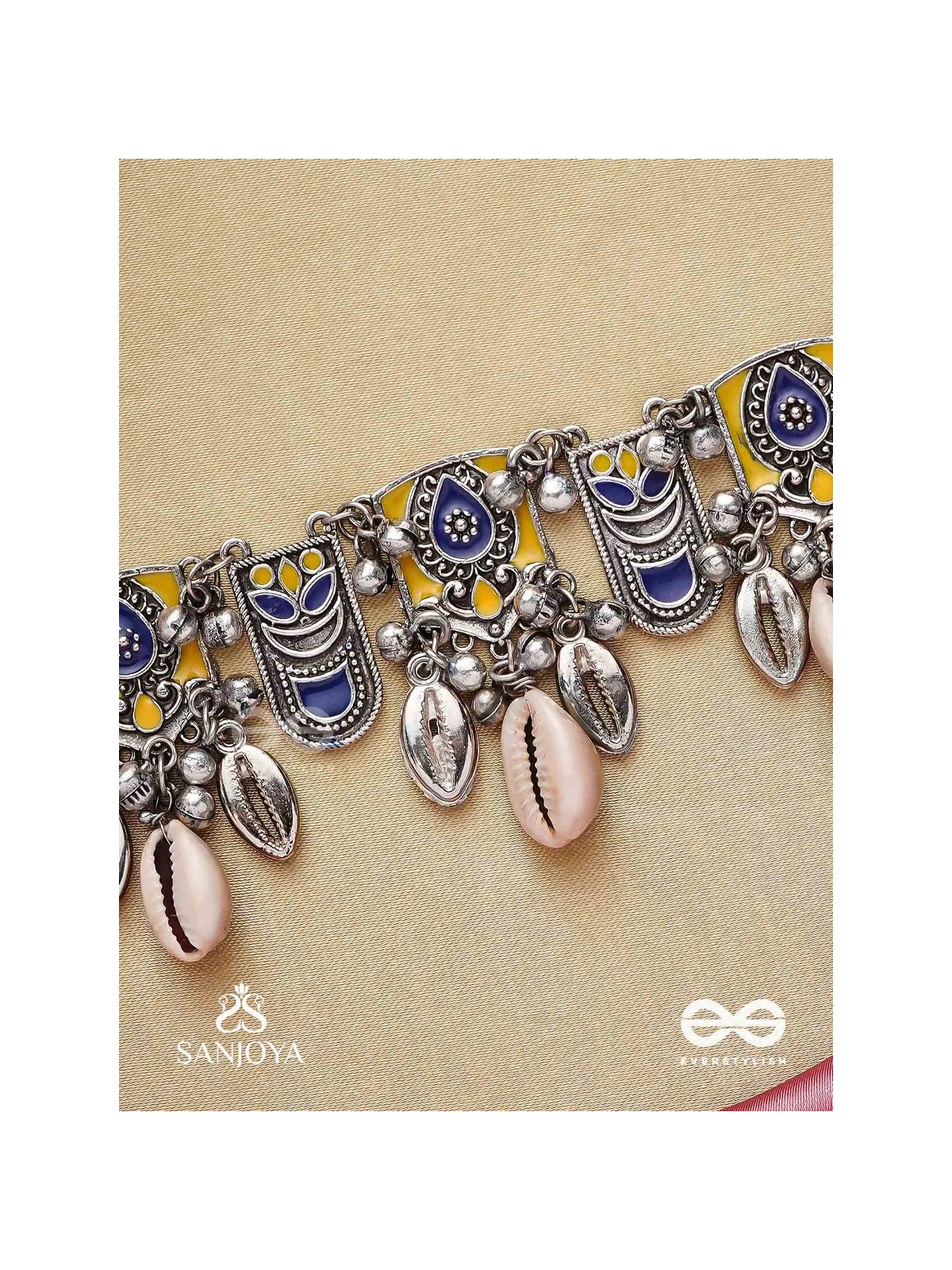 Shankhariti-Conch Elegance- Enamelled Choker neckpiece with pastel motifs with cowrie shells and ghunghroo