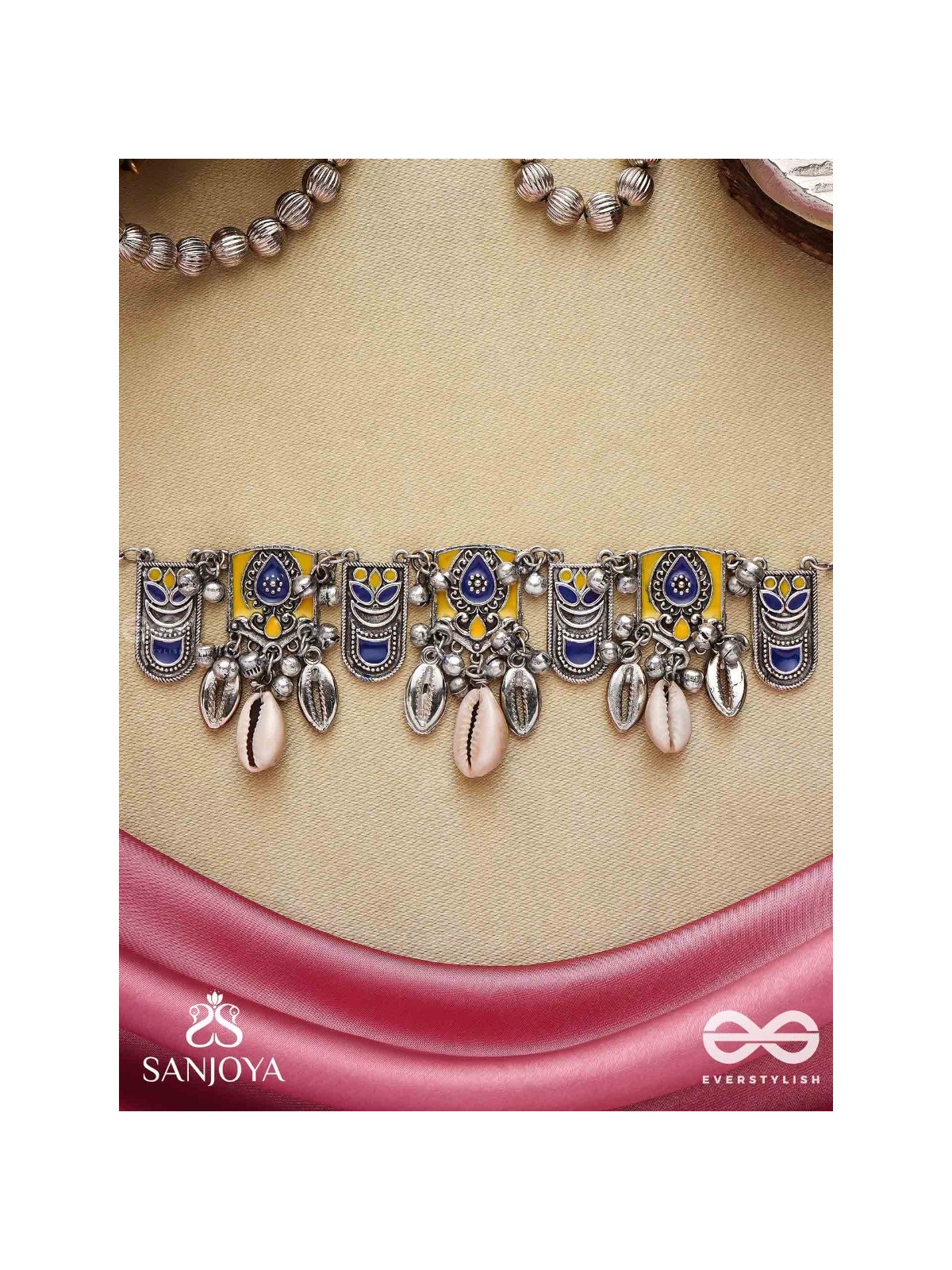 Shankhariti-Conch Elegance- Enamelled Choker neckpiece with pastel motifs with cowrie shells and ghunghroo