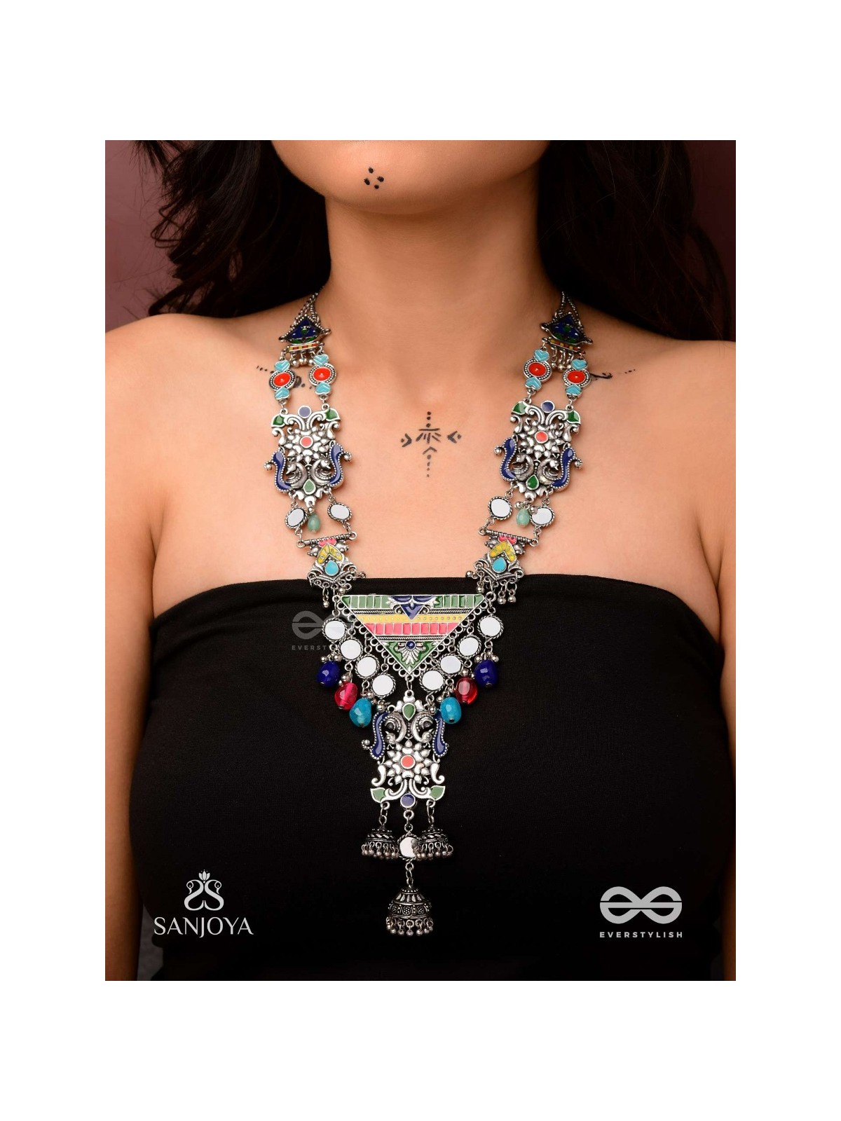 Prema raga- Love colour- Enamelled oxidized neckpiece embellished with beads, mirror and dangling jhumka.