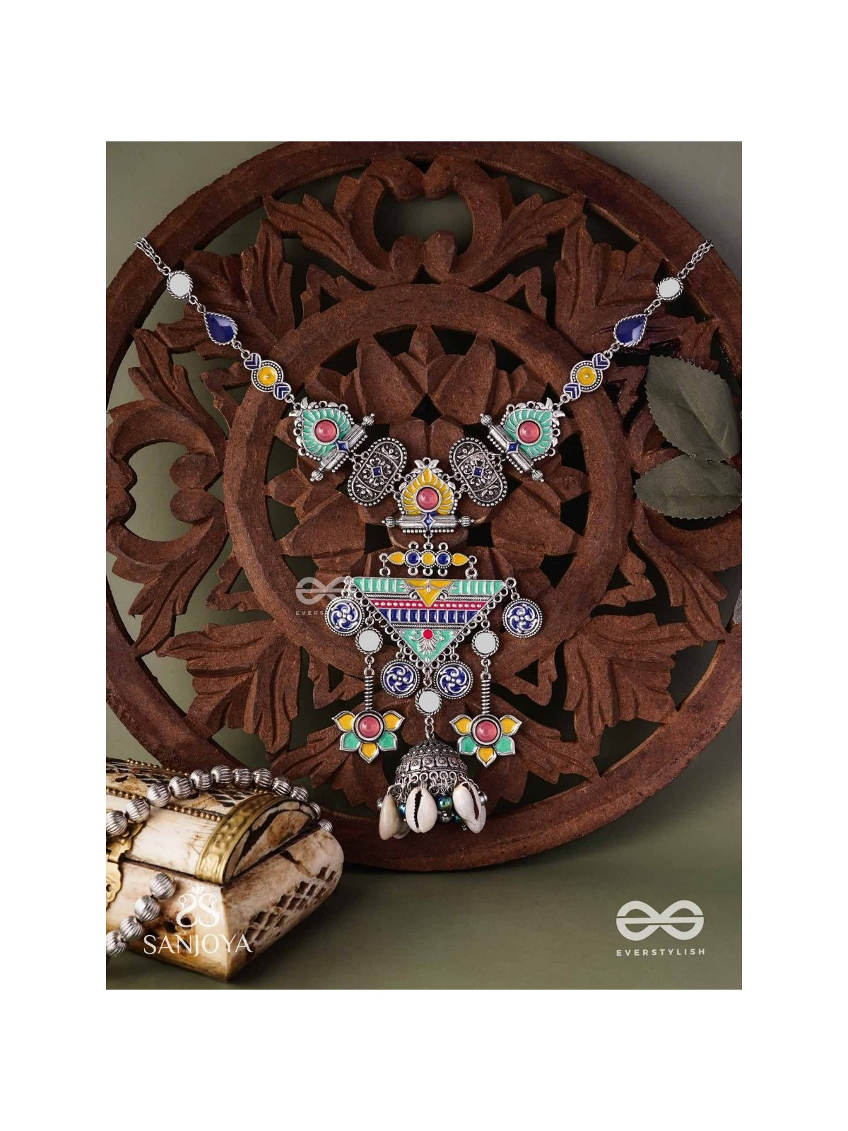 Rangapadma-Color bloom- Enamelled Neckpiece with cowrie shells,mirror and colorful gemstones on oxidized metalwork.