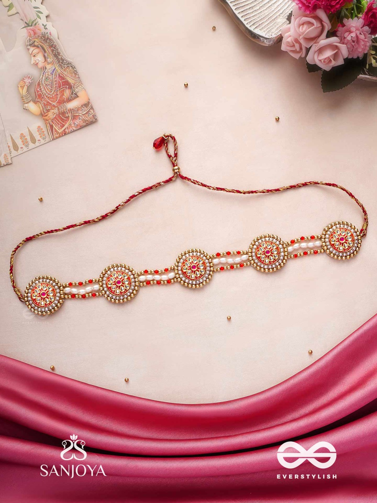 KUSUMAVALI - ROW OF FLOWERS - GOLDEN CIRCLES, PEARLS, RED DROPS AND KUNDAN HAND EMBROIDERED MATHAPATTI