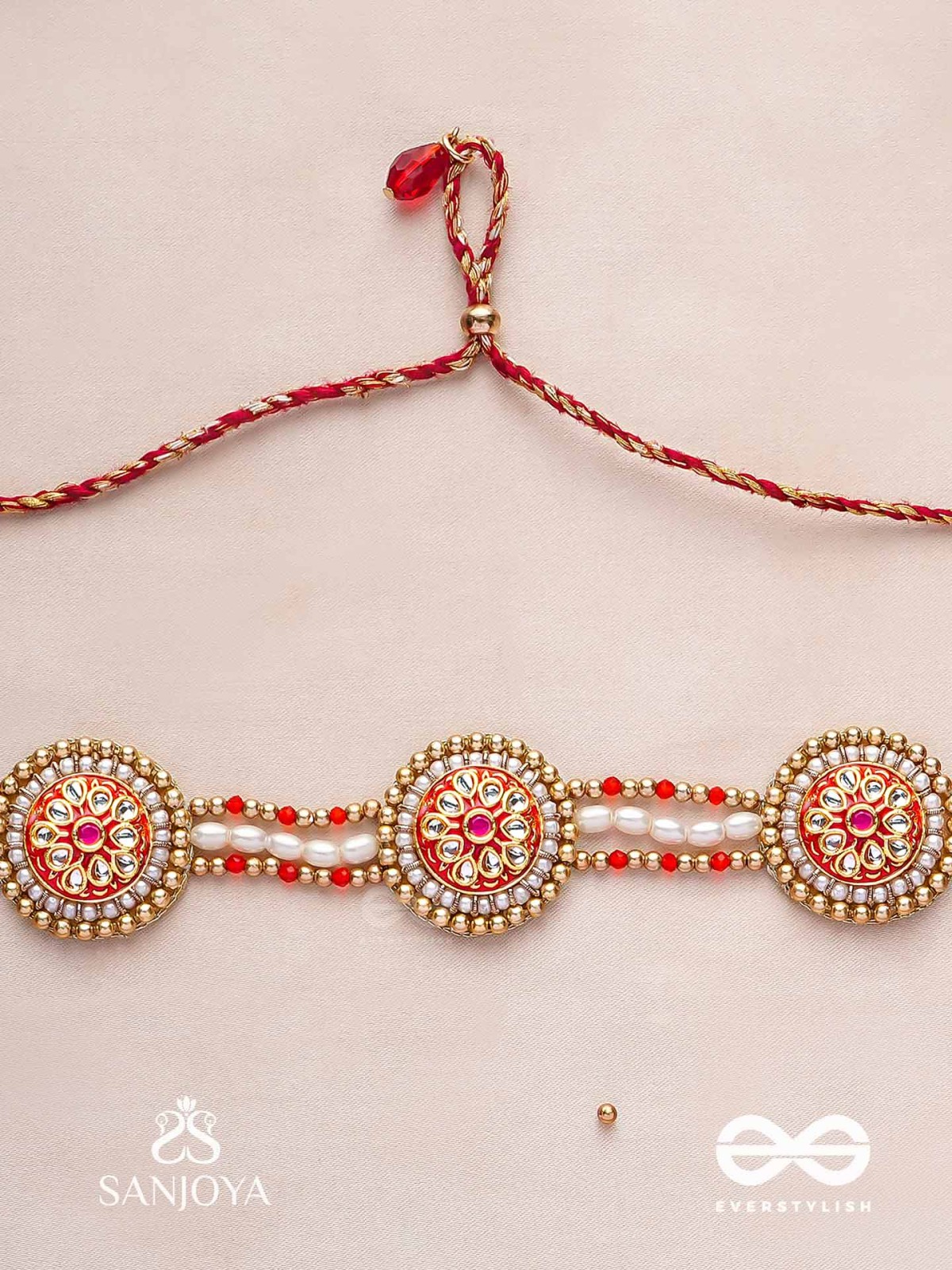KUSUMAVALI - ROW OF FLOWERS - GOLDEN CIRCLES, PEARLS, RED DROPS AND KUNDAN HAND EMBROIDERED MATHAPATTI