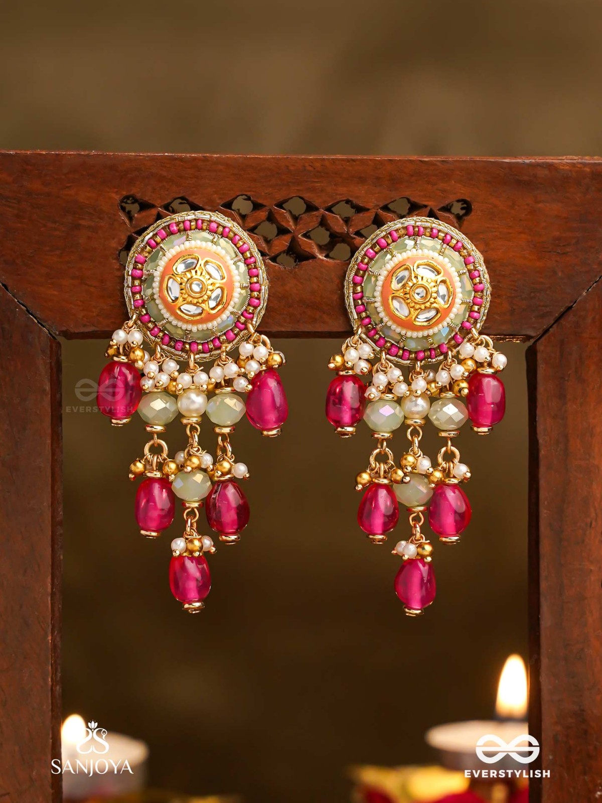 RAKTAKUSUMA- RED FLOWER -  RADIANT RED BEADS AND PEARLS WITH GOLDEN EMBELIISHED EARRINGS